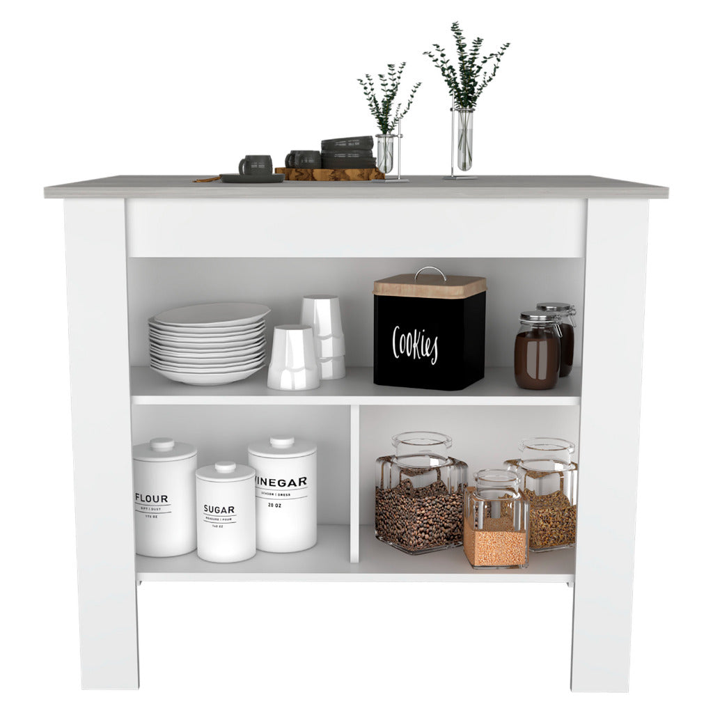 White kitchen island with tiered shelving displaying dishes canisters and glass jars