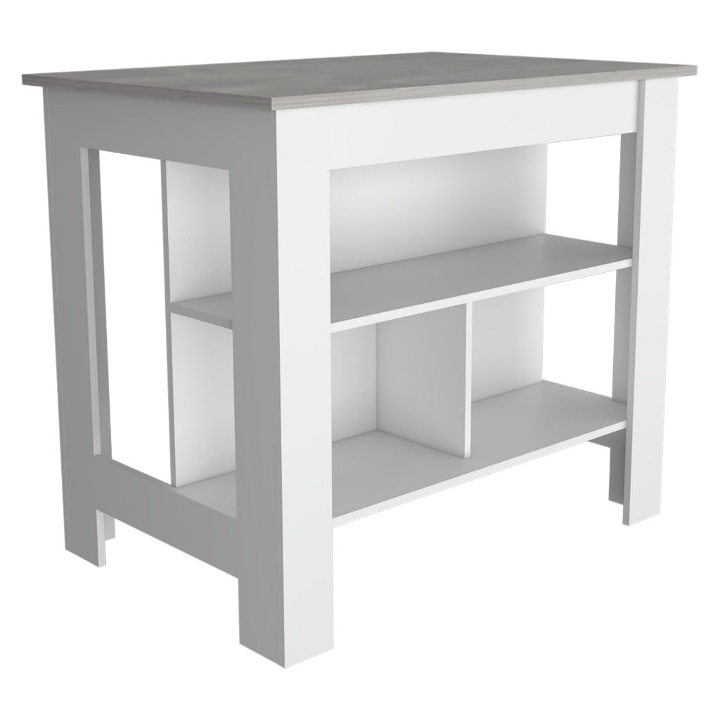 White kitchen island with grey countertop and open shelving