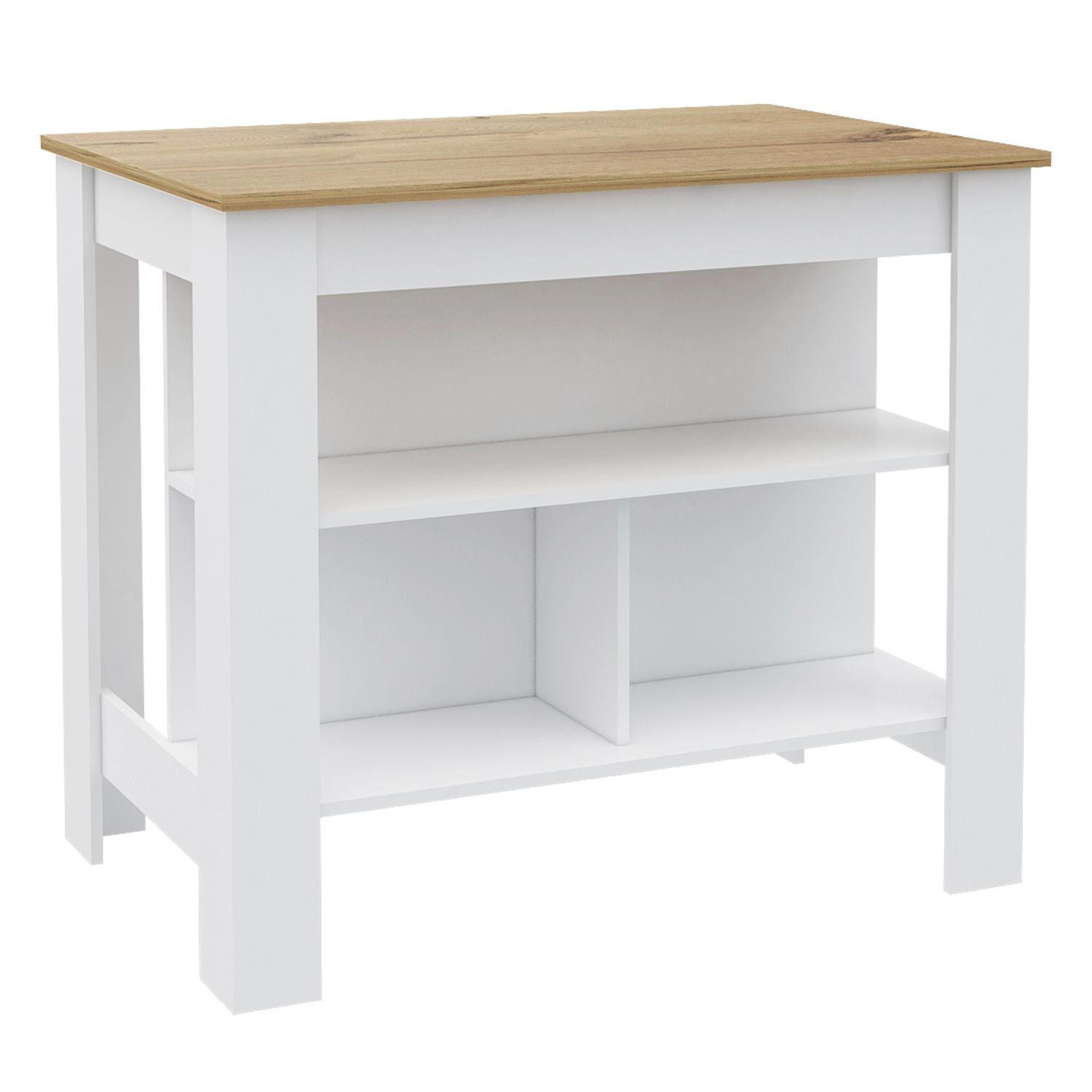 Modern white kitchen island with natural wood top