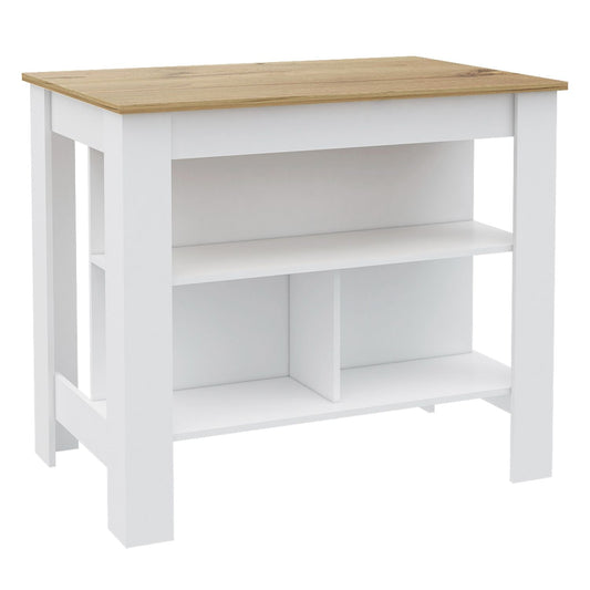 Modern white kitchen island with natural wood top