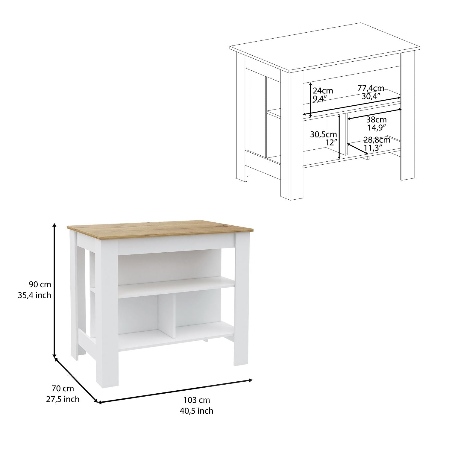 White and oak kitchen island with two open shelves and clear dimensions