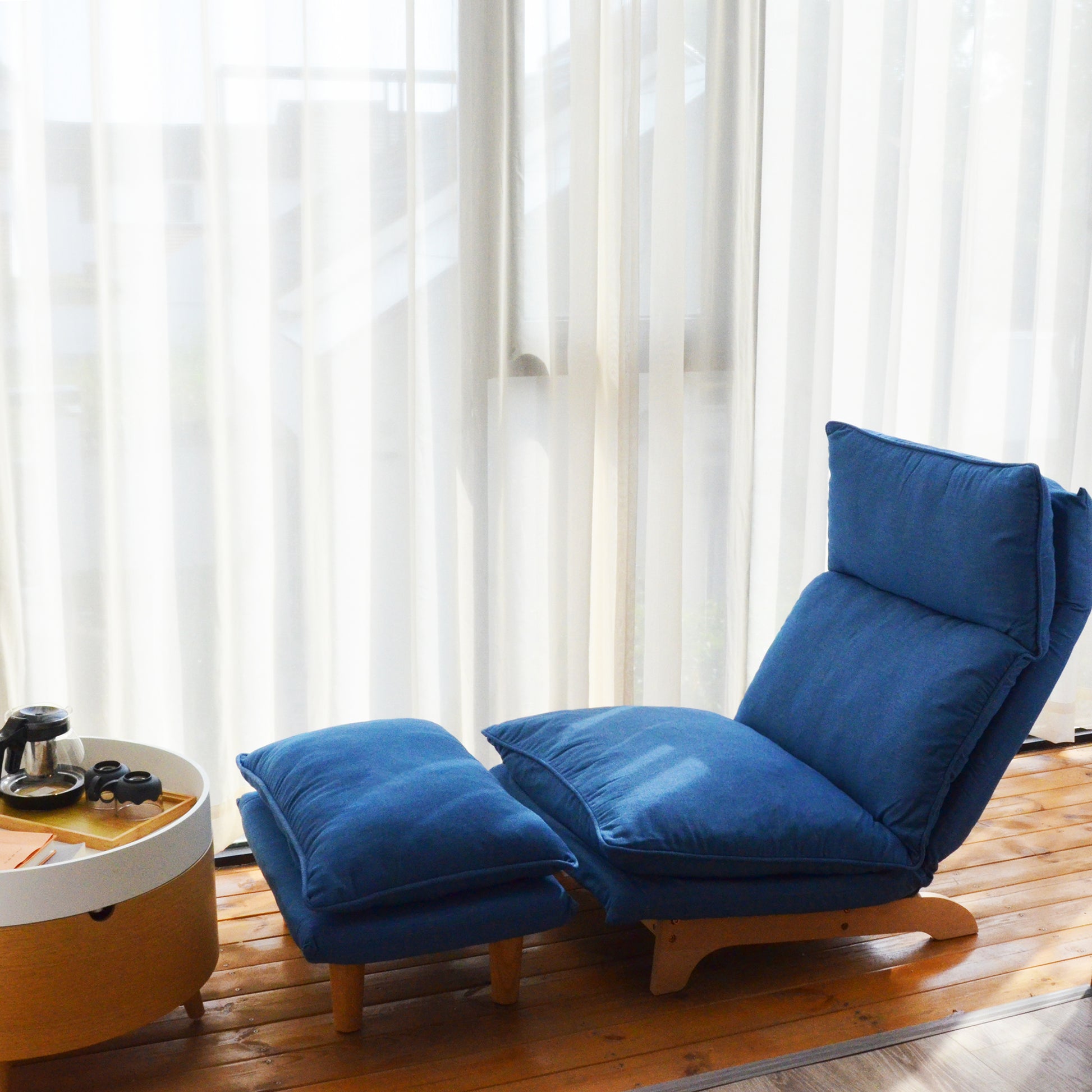 Navy blue fabric lounge chair and ottoman set adjustable back for ultimate relaxation