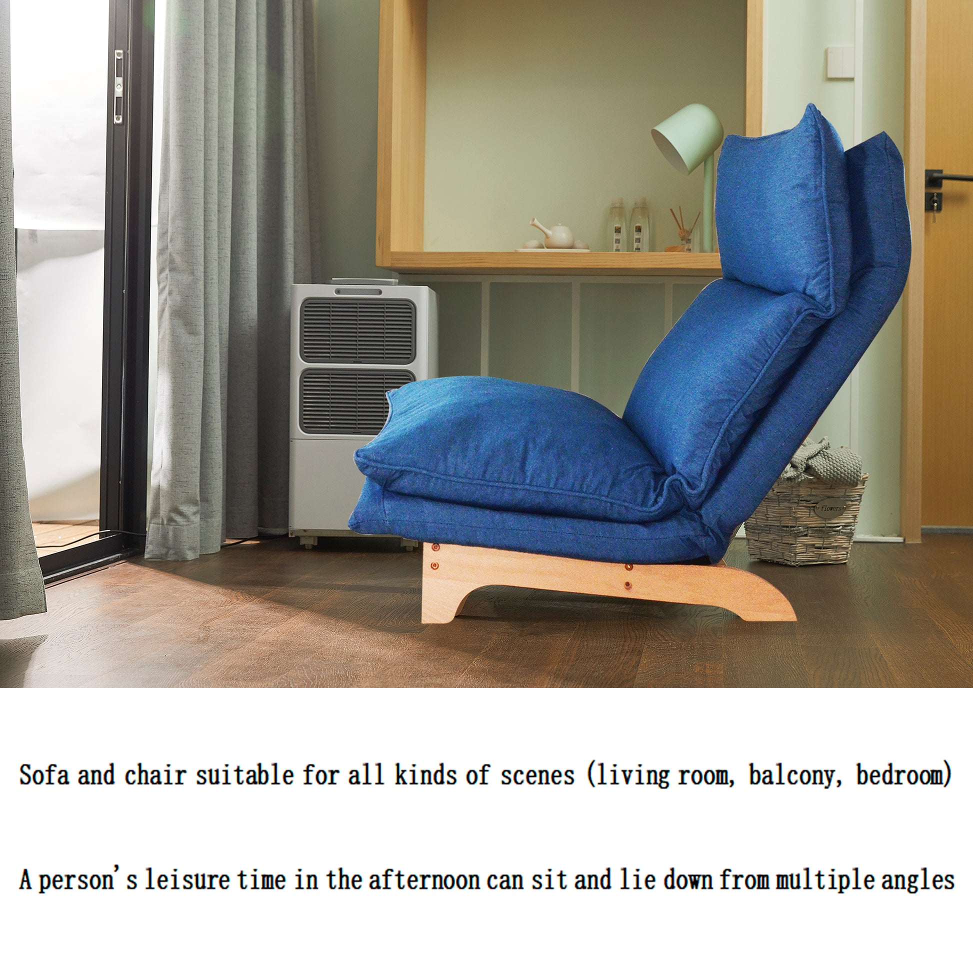 Blue fabric convertible sofa with adjustable backrest perfect for small spaces