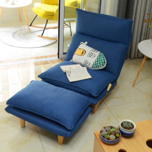 Deep blue linen futon sofa with ottoman adjustable recliner for compact living spaces