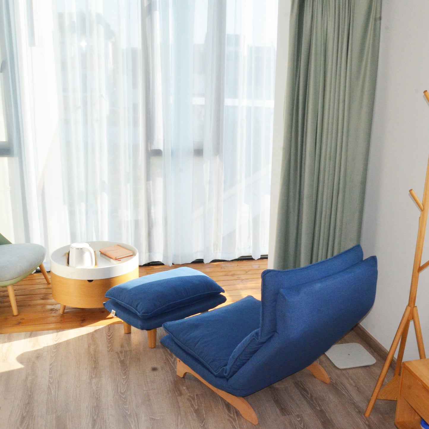 Navy blue modern floor chair with ottoman fabric upholstery wood legs