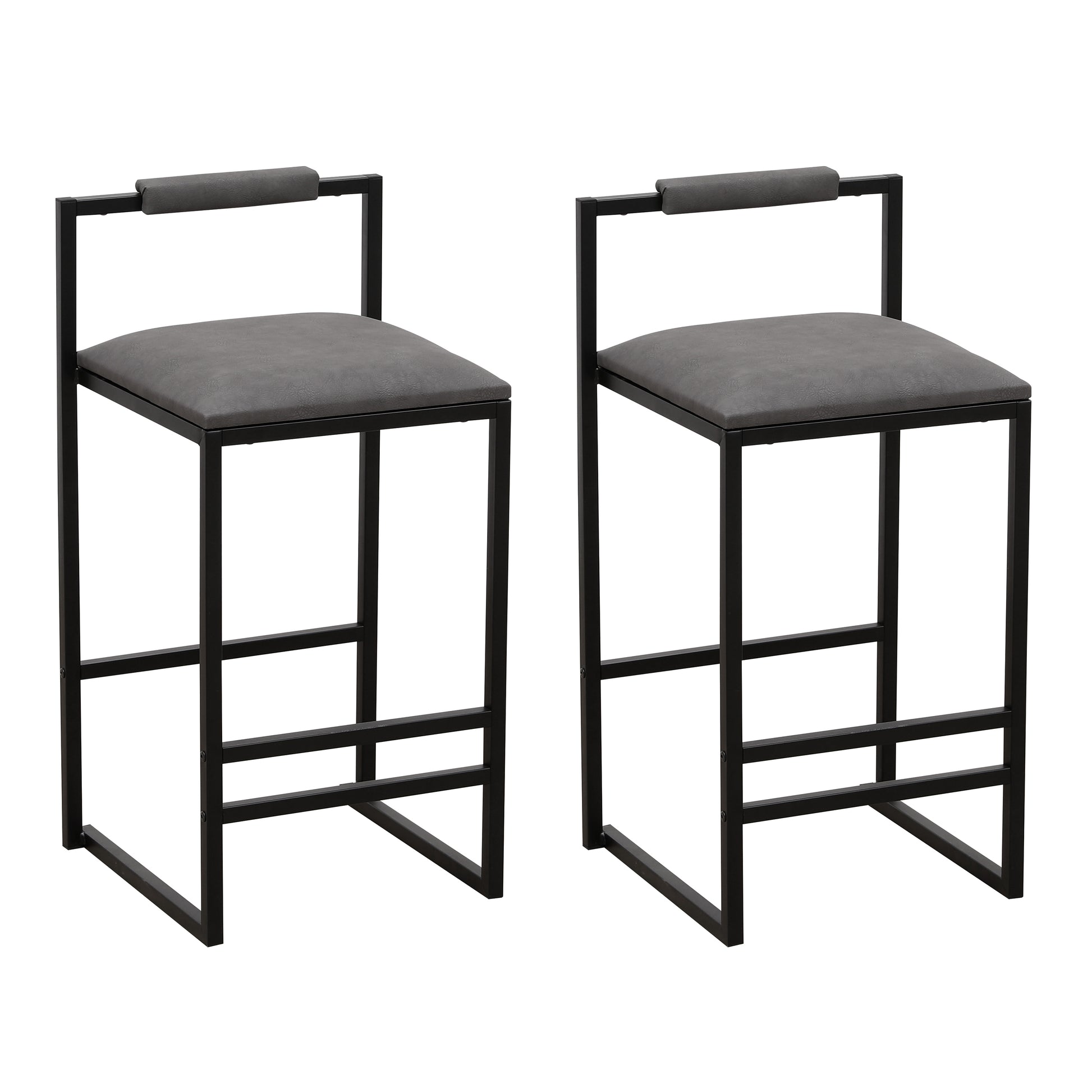 Pair of grey faux leather bar stools with black metal frames and backrests