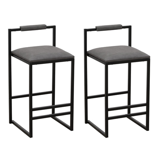 Pair of grey faux leather bar stools with black metal frames and backrests