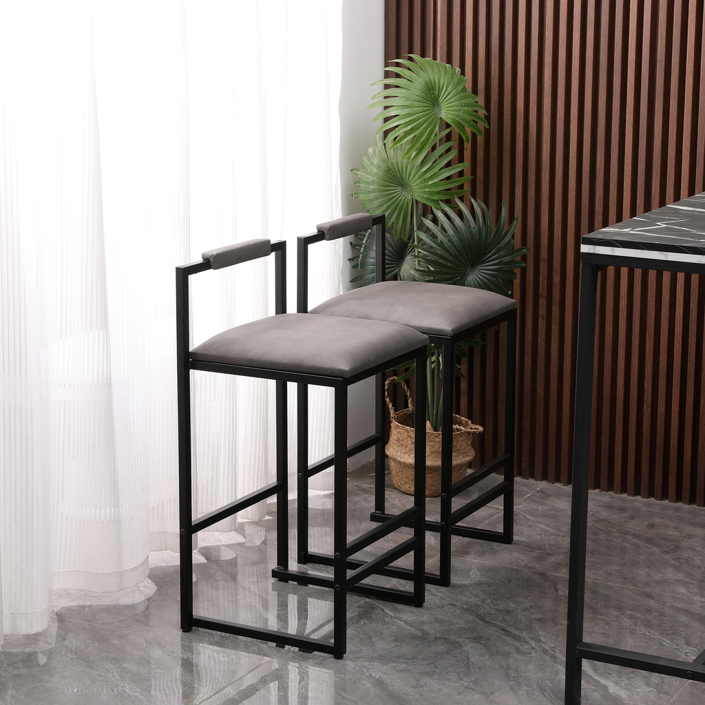 Gray upholstered modern bar stools with black metal frames set of