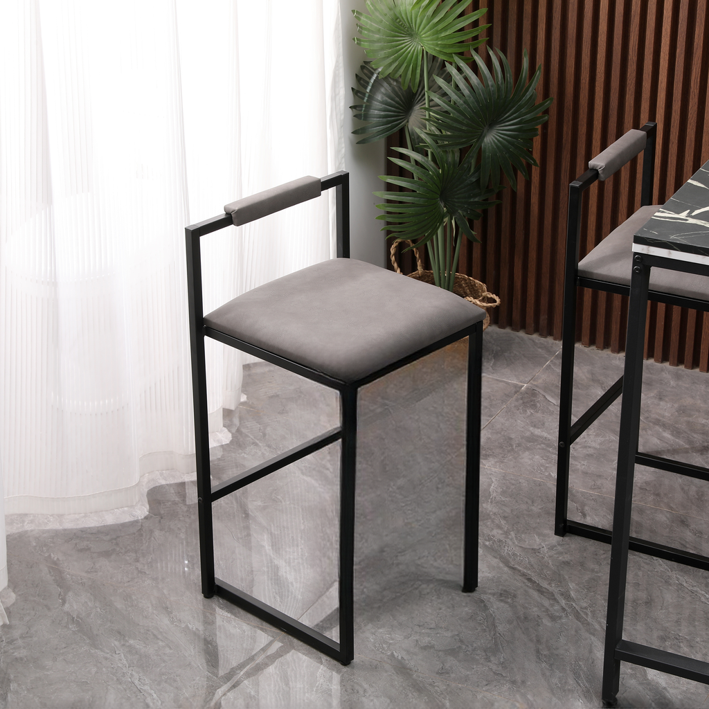 Modern grey upholstered bar stool with black metal frame and armrests