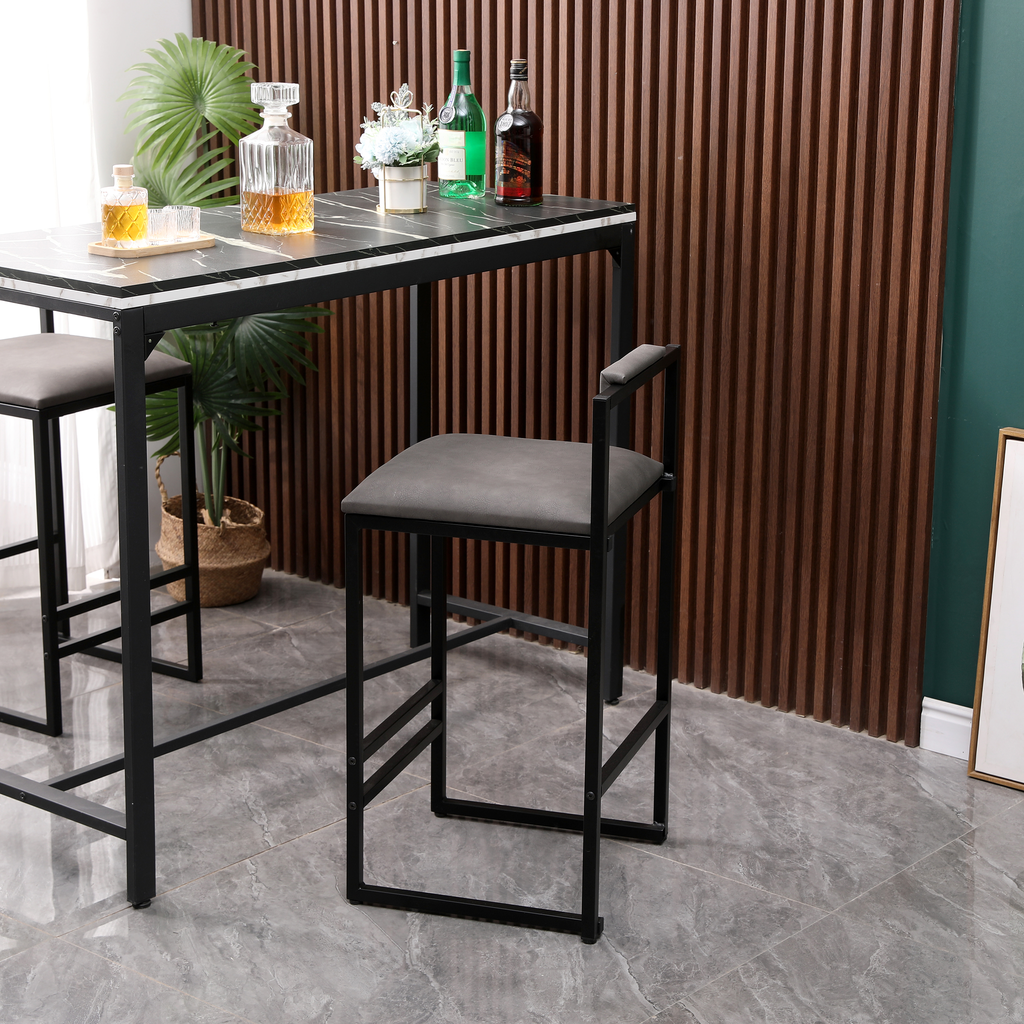 Gray upholstered bar stool with black metal frame and armrests perfect for kitchen islands