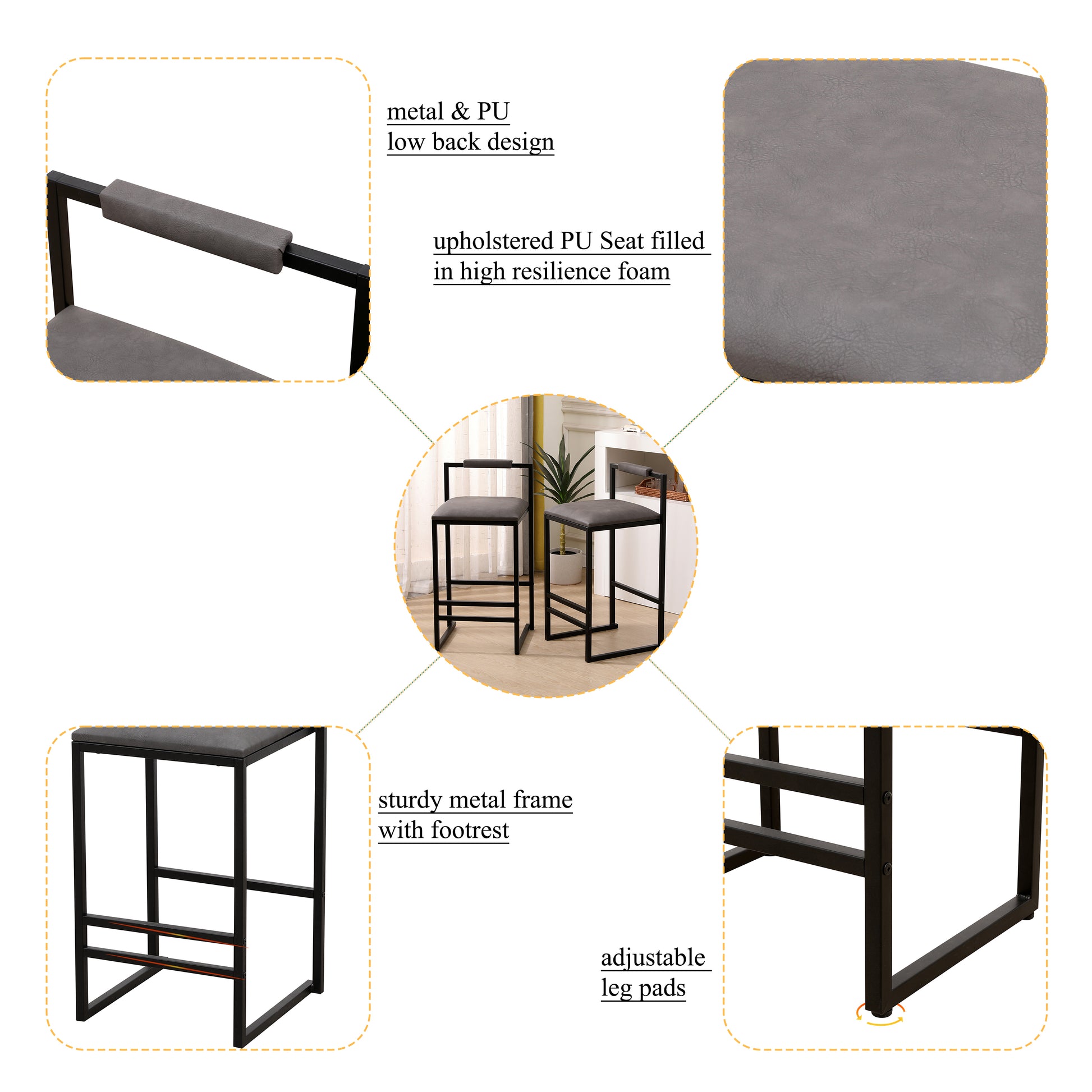 Gray PU upholstered bar stool with a sturdy metal frame and low back design