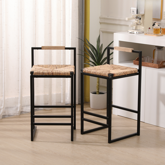 Black metal frame bar stool with woven seagrass seat and wood accent