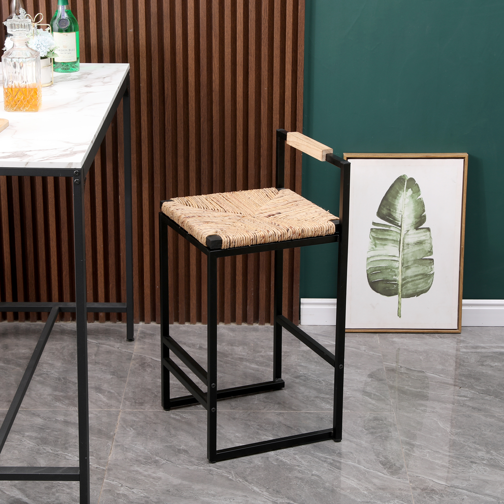 Black metal bar stool with woven seagrass seat and wood armrests