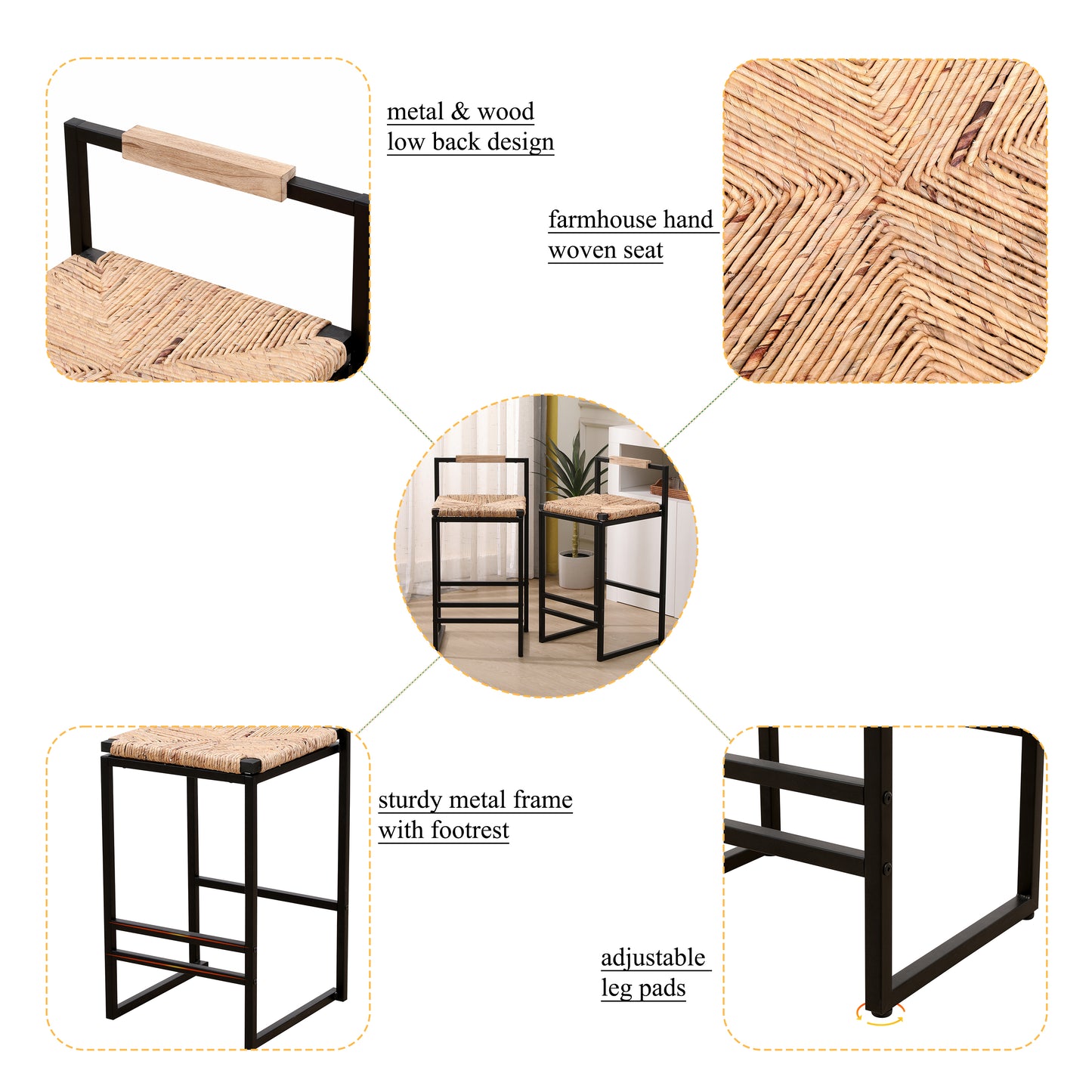 Metal and wood frame counter stool with a handwoven rush seat