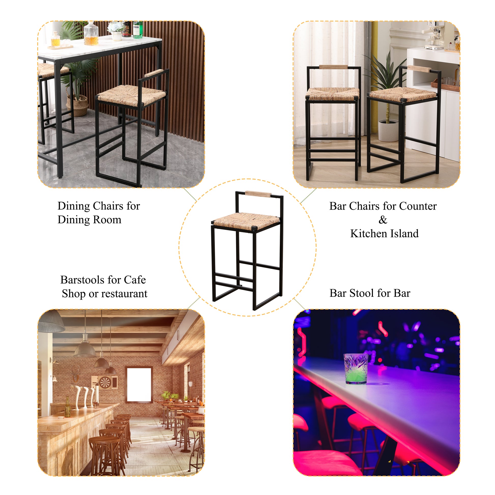 Woven natural fiber seat bar stool with black metal frame perfect for dining rooms