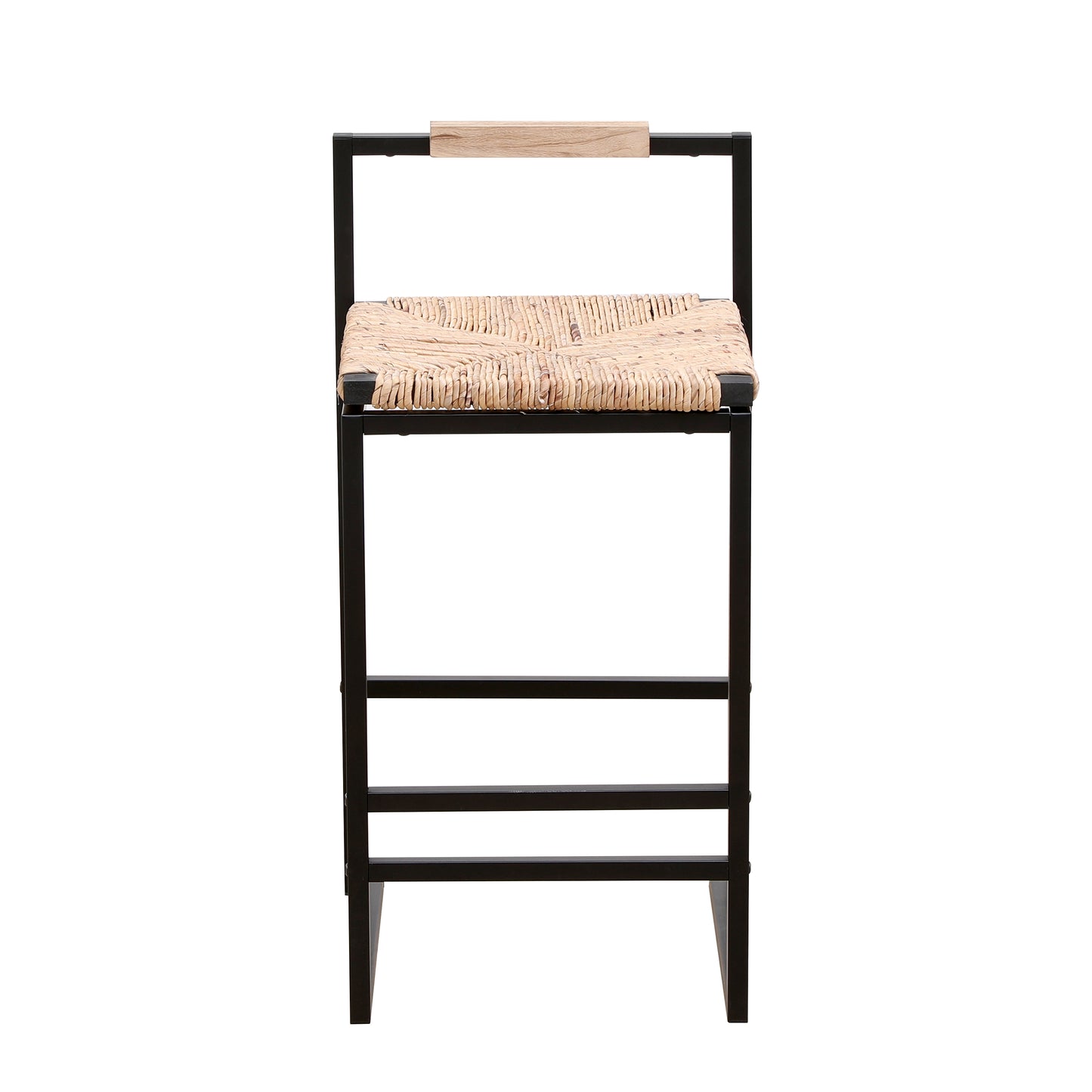 Modern black metal bar stool with woven natural fiber seat and wooden accent