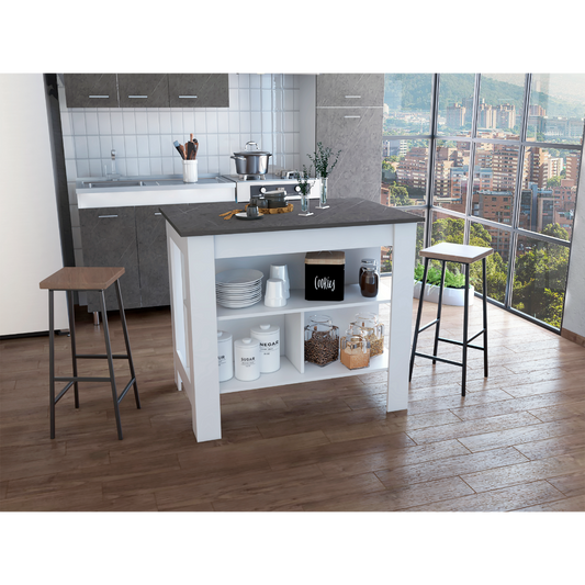 White kitchen island with dark countertop and stools
