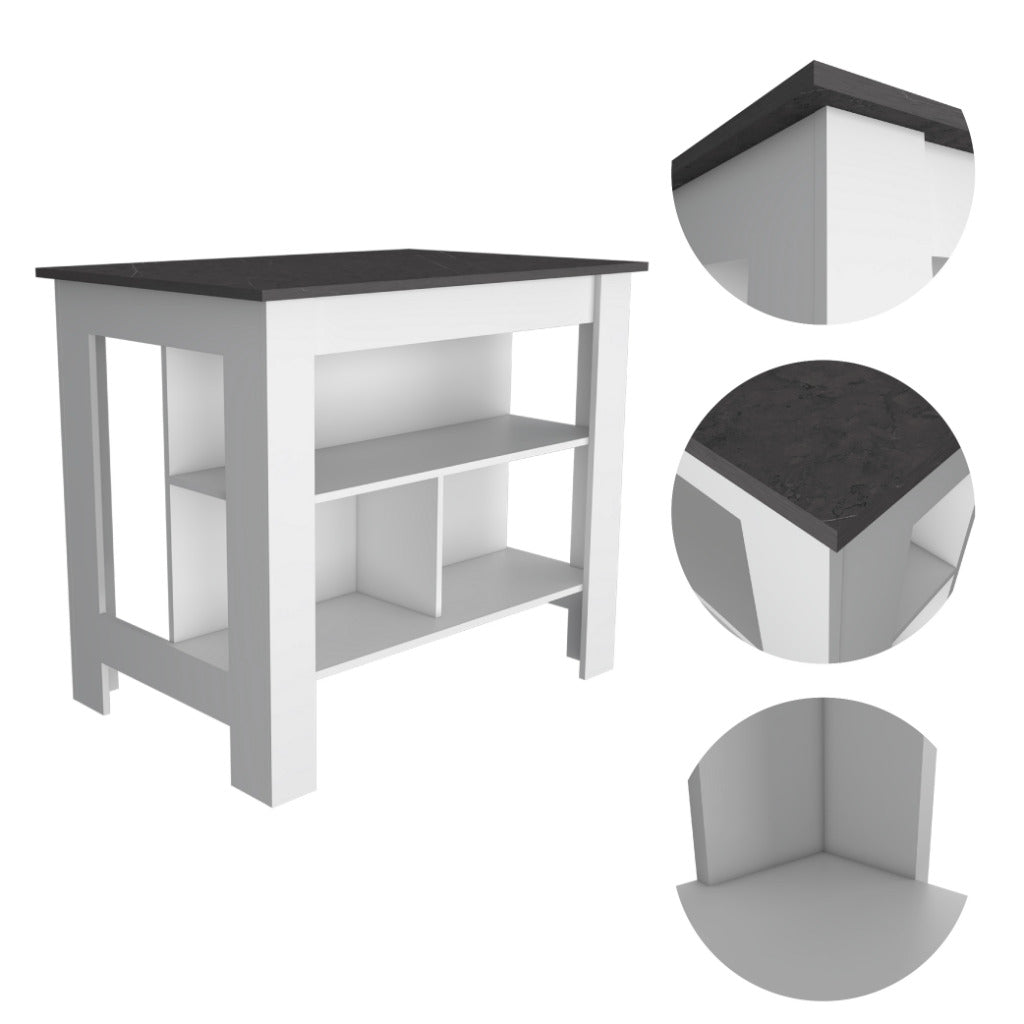 White kitchen island with dark speckled countertop and open shelving