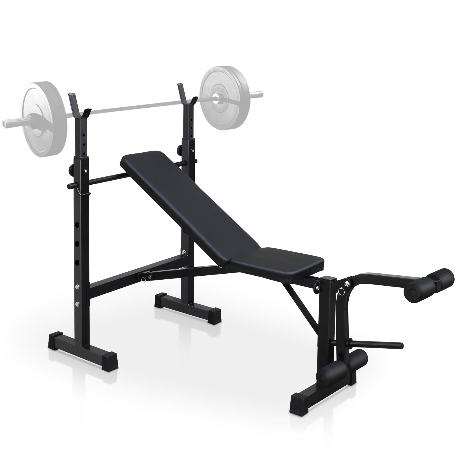Black adjustable weight bench with padded seat and leg curl attachment