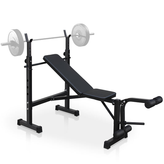 Black adjustable weight bench with padded seat and leg curl attachment