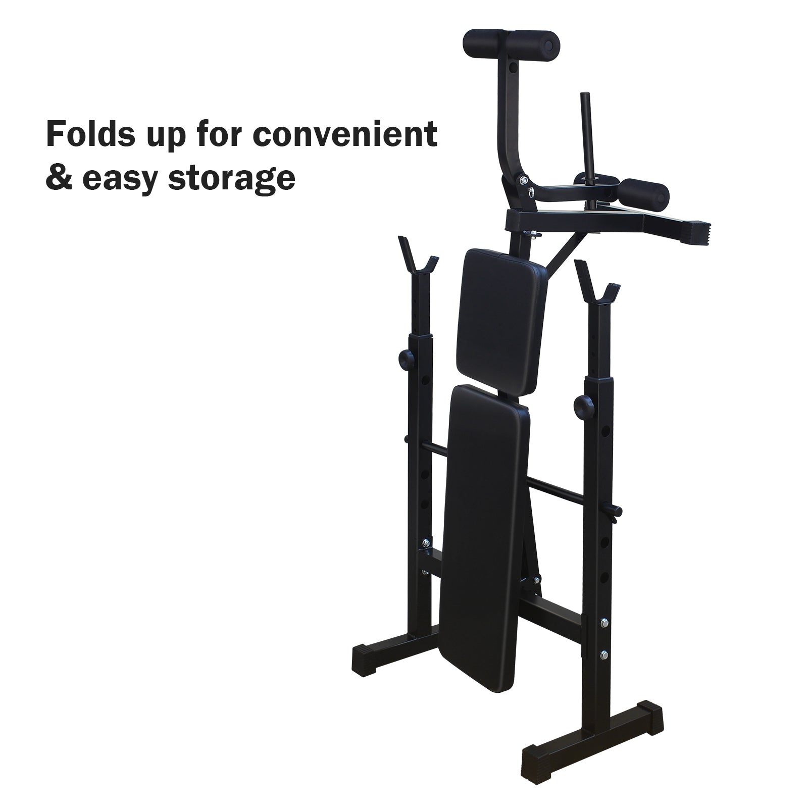 Black adjustable weight bench with padded seat and backrest for home gym workouts