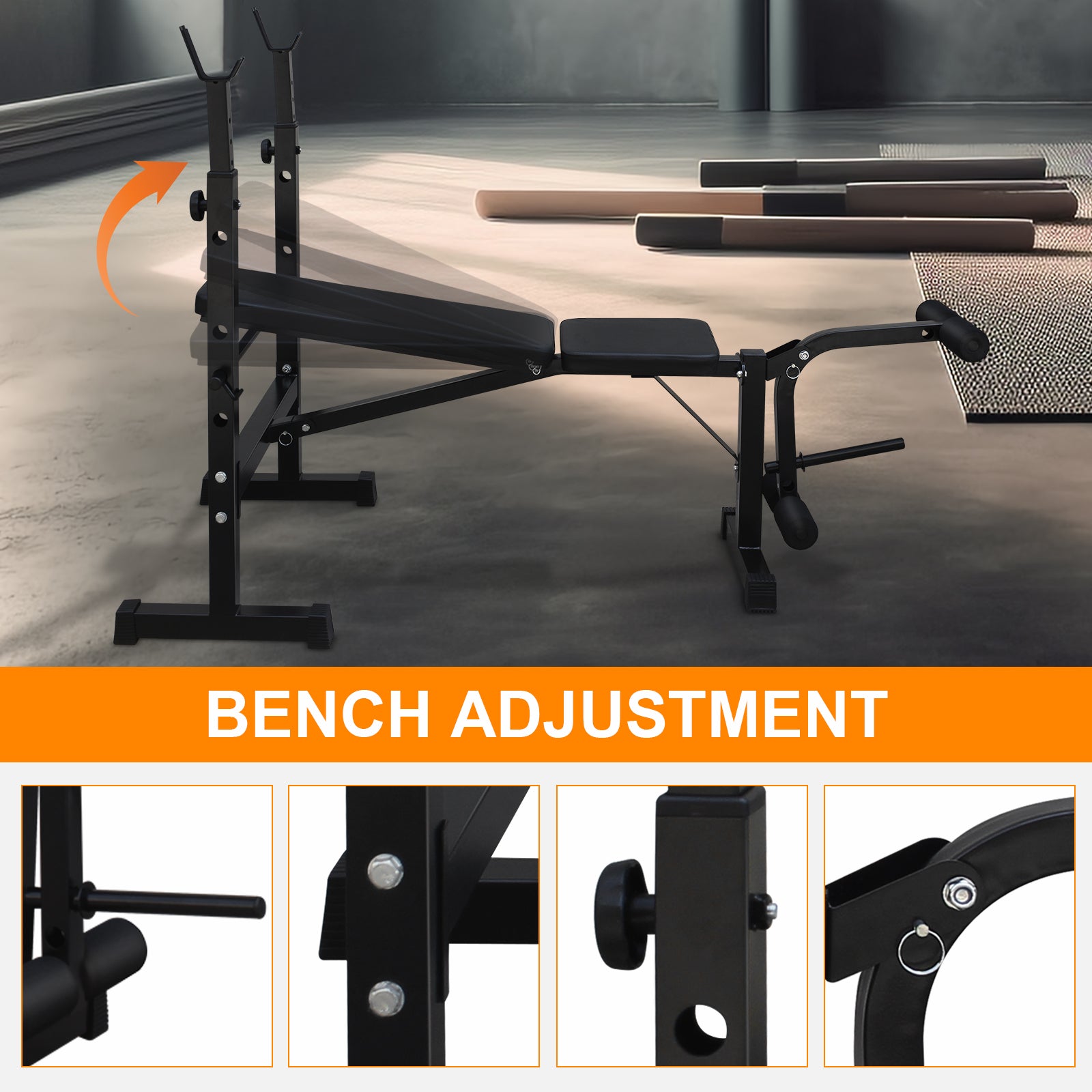 Adjustable weight bench with black upholstery and durable steel frame for home gyms
