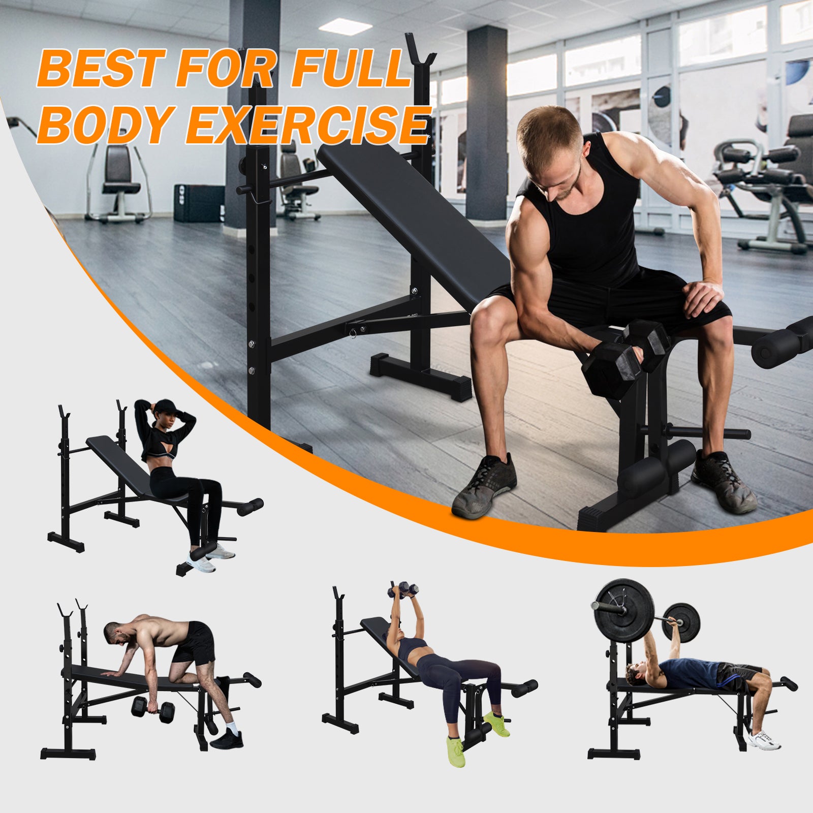 Man lifting dumbbell on adjustable workout bench fitness equipment