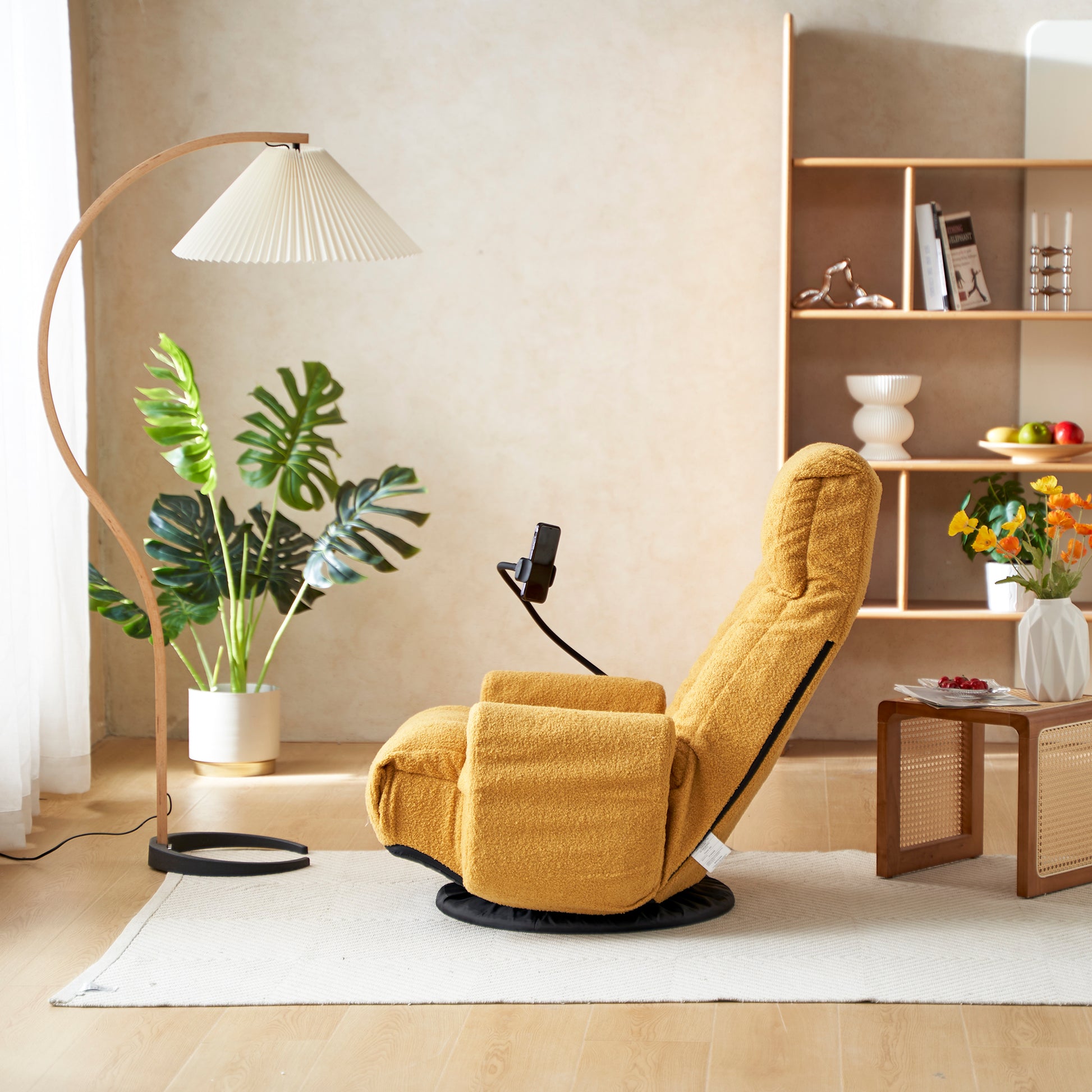 Plush mustard yellow recliner chair with swivel base perfect for ultimate relaxation