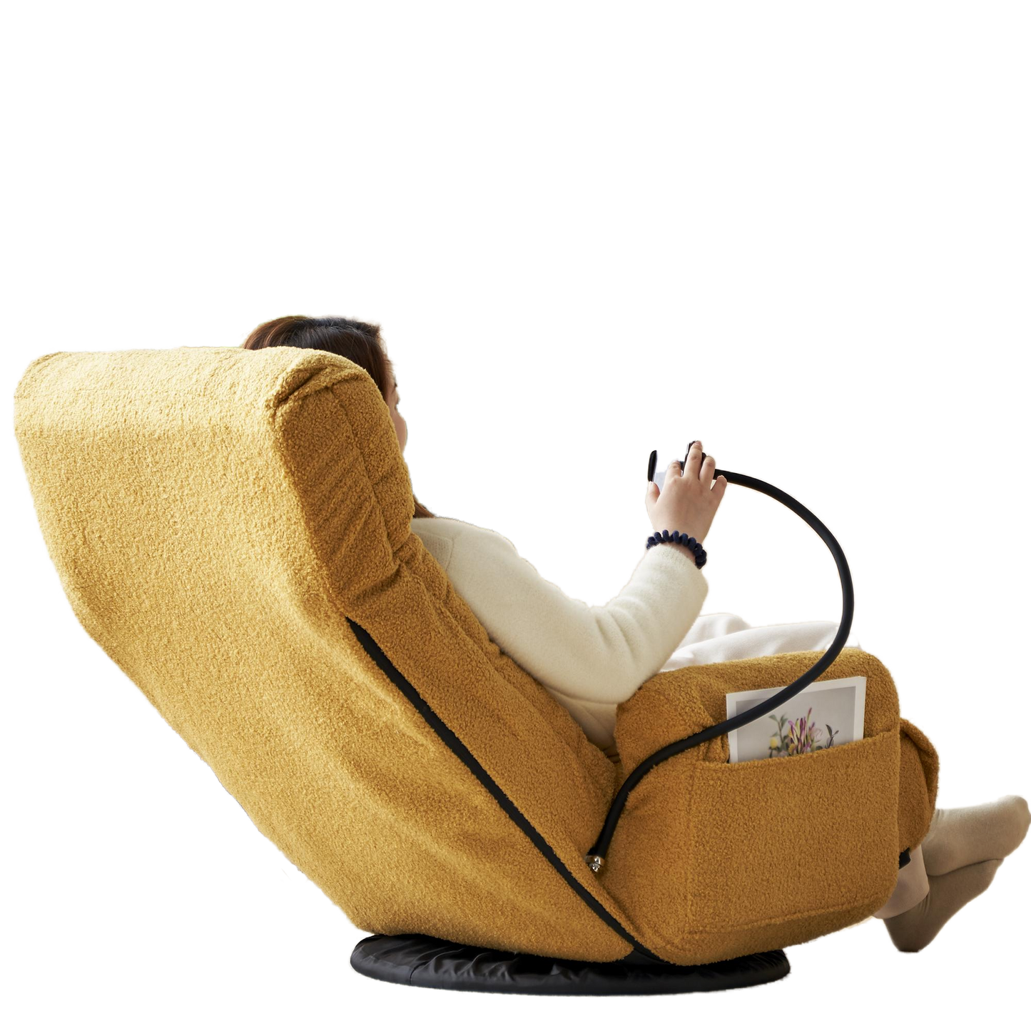 Cozy mustard yellow boucle fabric recliner chair with integrated side pocket and comfortable armrest