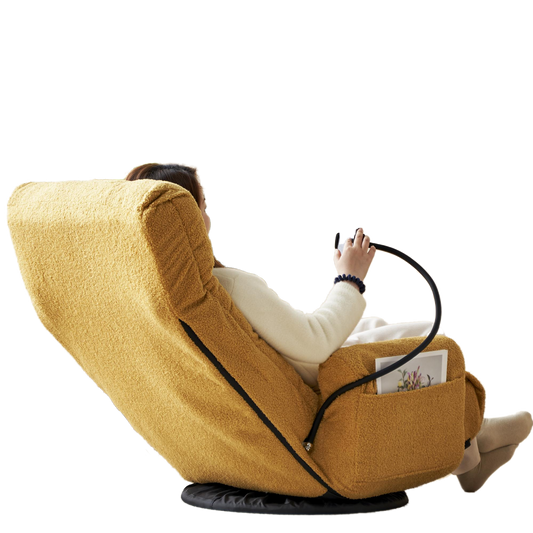 Cozy mustard yellow boucle fabric recliner chair with integrated side pocket and comfortable armrest