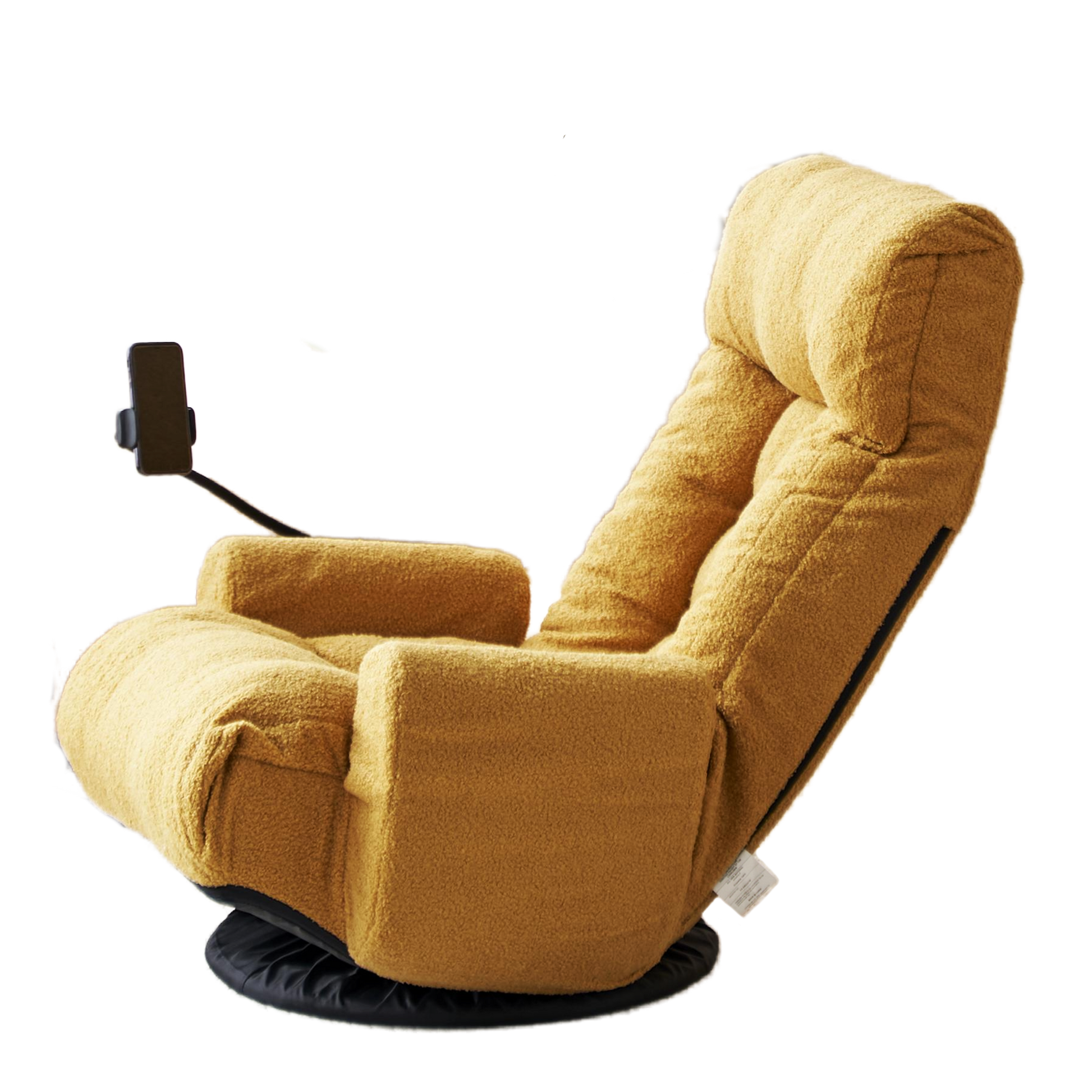 Luxurious mustard yellow boucle recliner chair with integrated phone holder