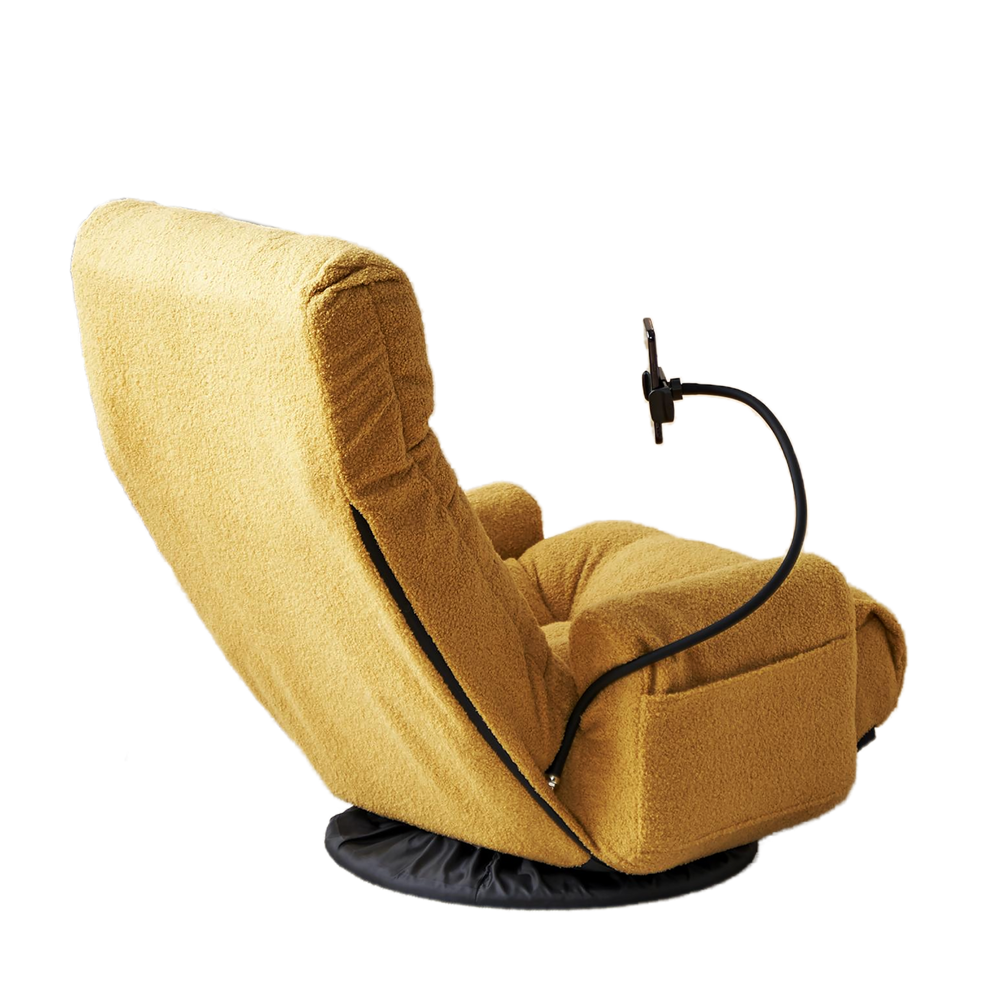 Yellow boucle recliner with integrated phone holder perfect for cozy relaxation