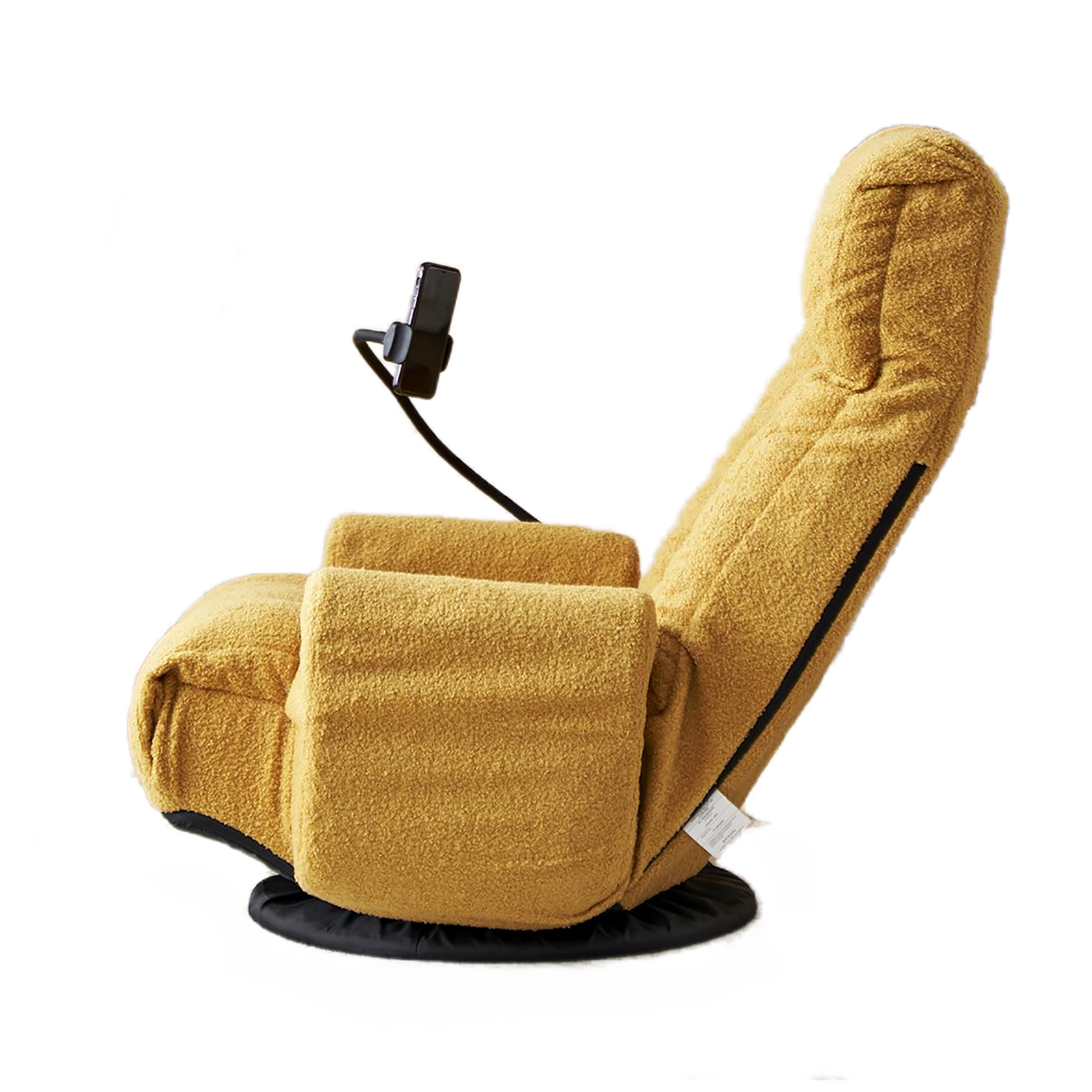 Cozy yellow boucle fabric recliner with integrated phone mount for ultimate relaxation