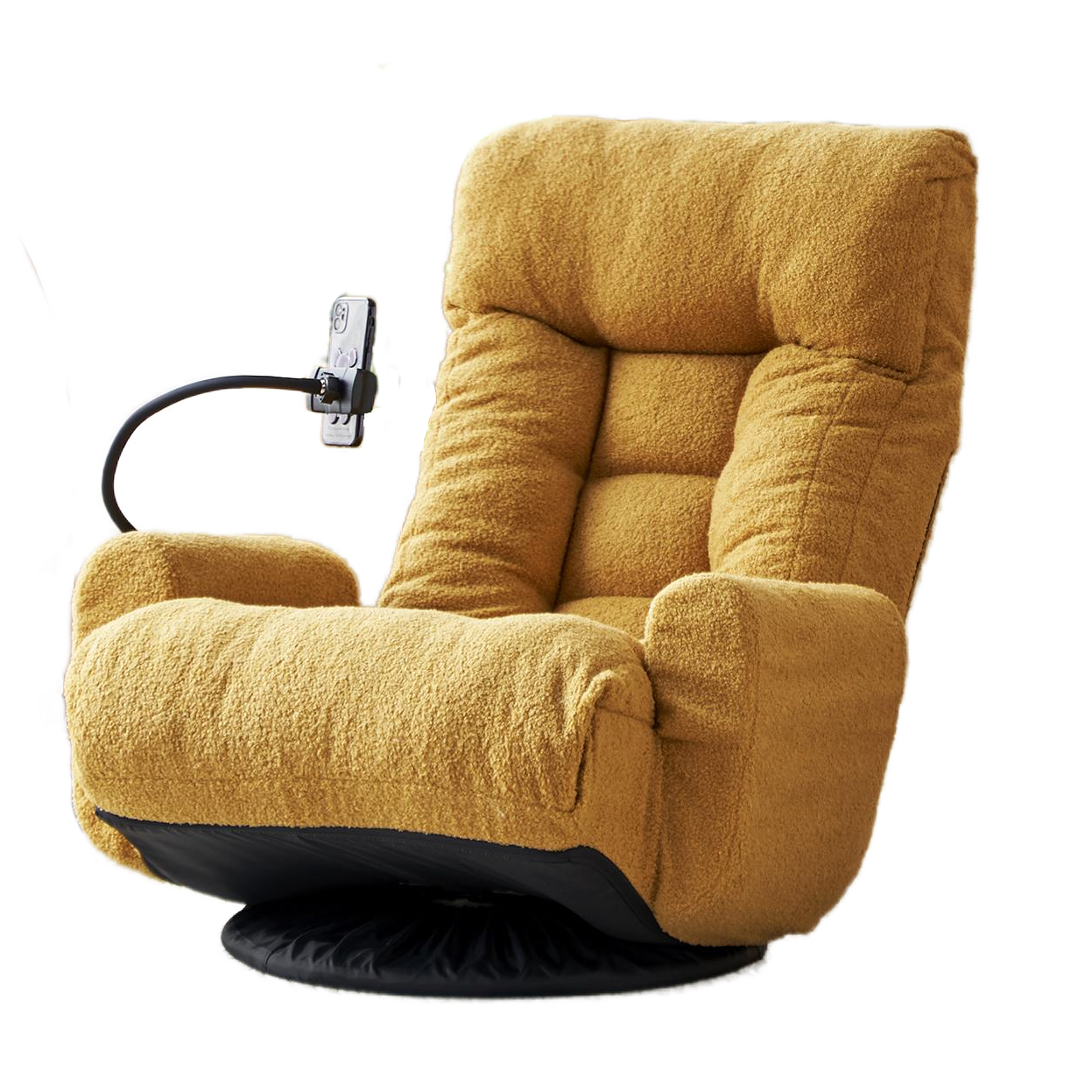 Plush mustard yellow floor chair with adjustable phone mount for comfortable viewing