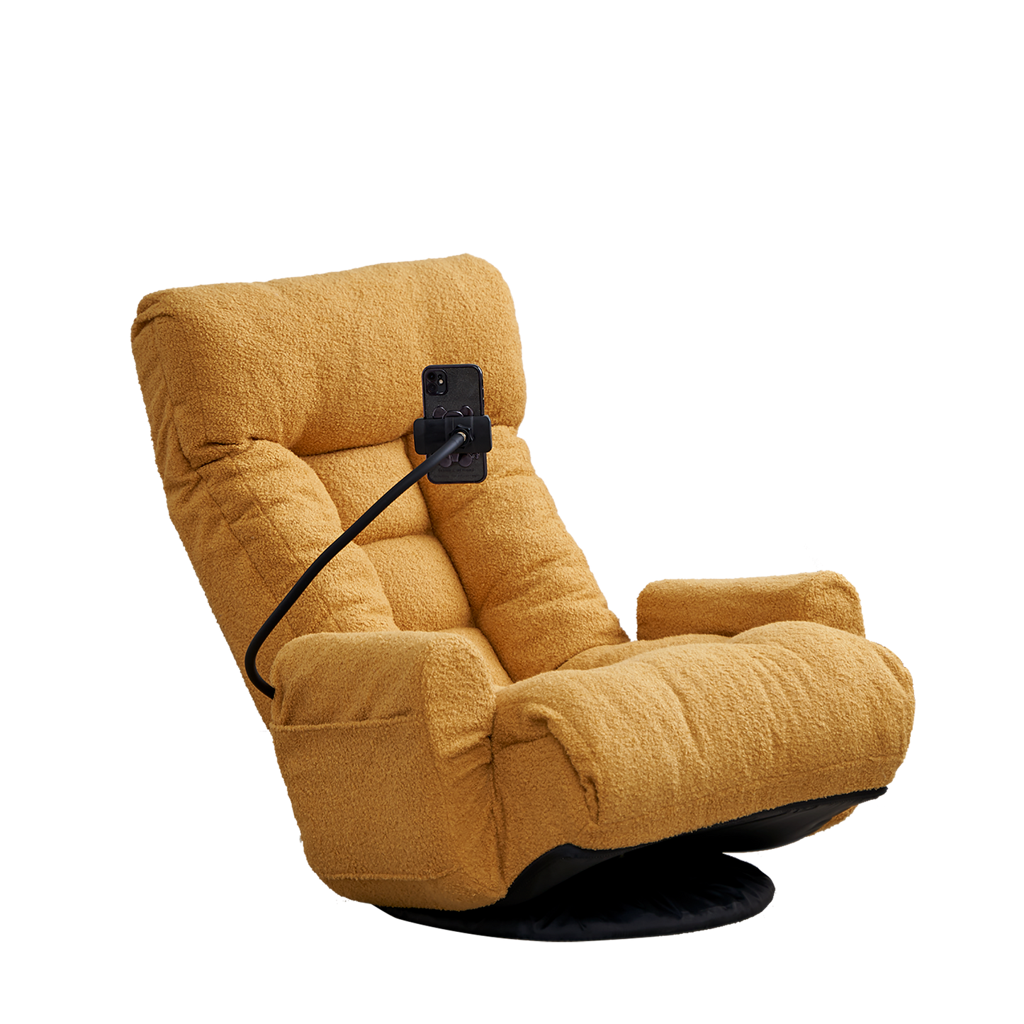 Plush mustard yellow swivel chair with adjustable phone holder