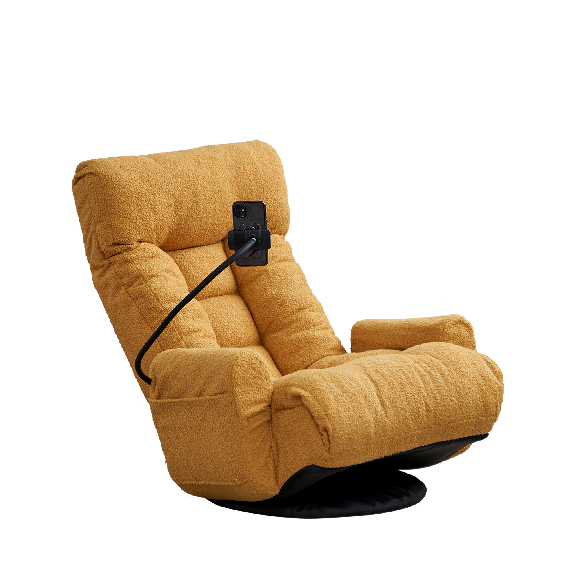 Plush mustard yellow swivel chair with adjustable phone holder