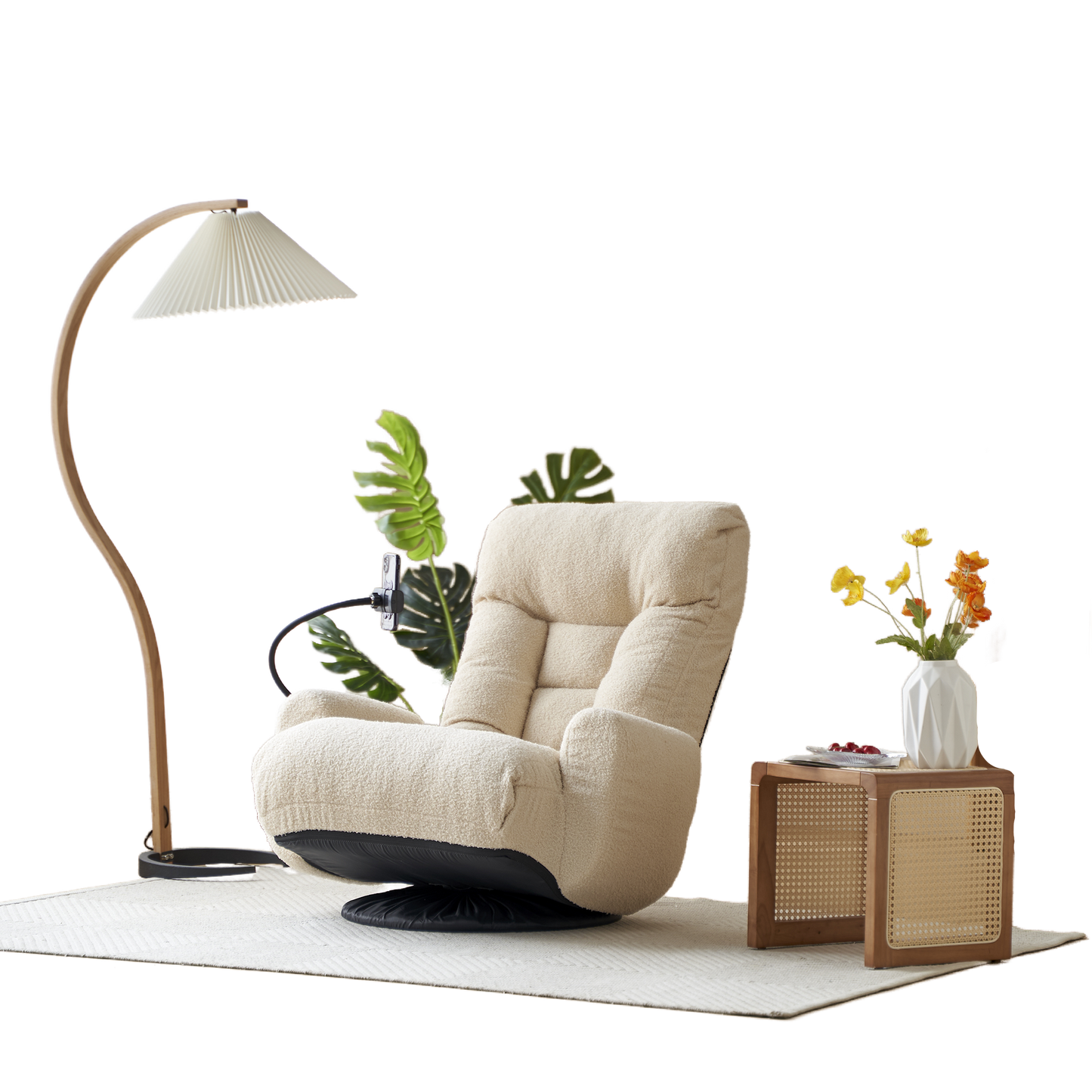 Cream boucle fabric swivel recliner chair with plush cushioning and black base