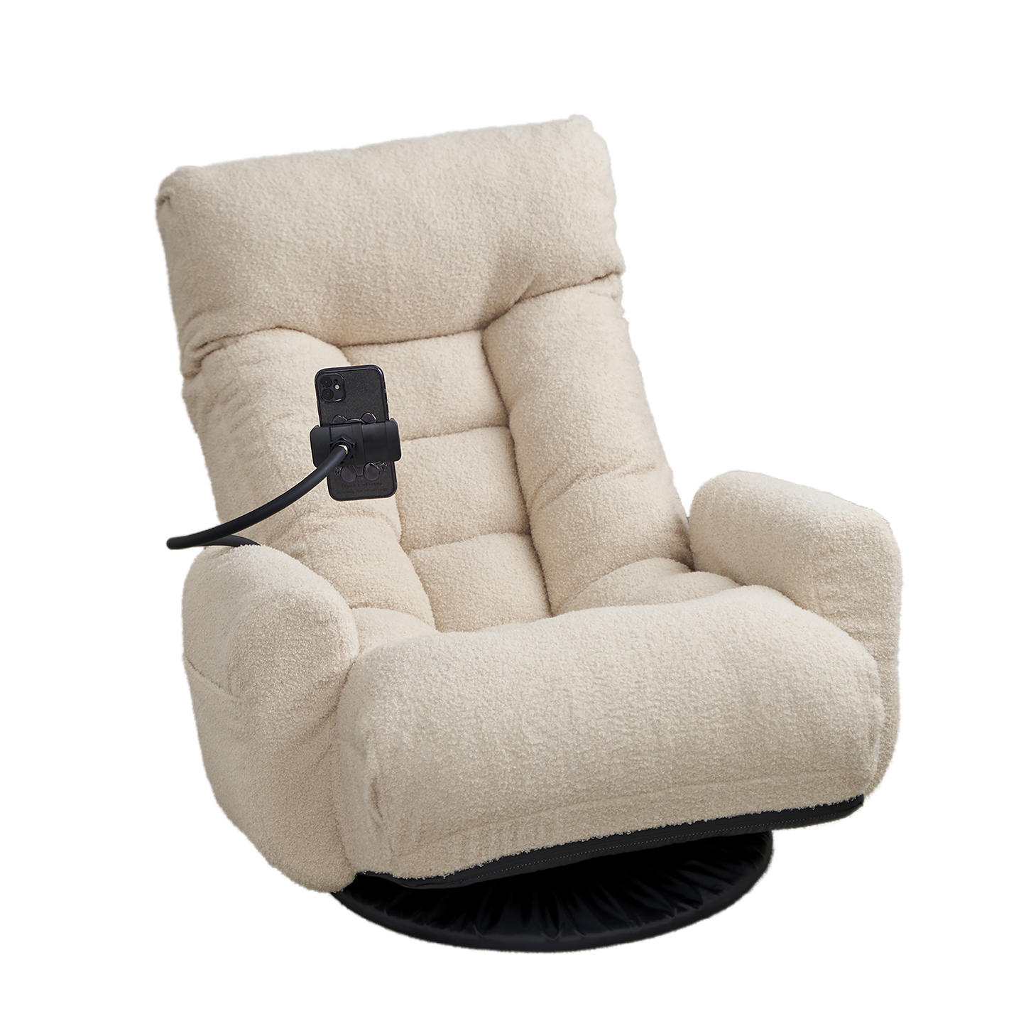 Creamy plush swivel chair with adjustable phone holder for ultimate relaxation