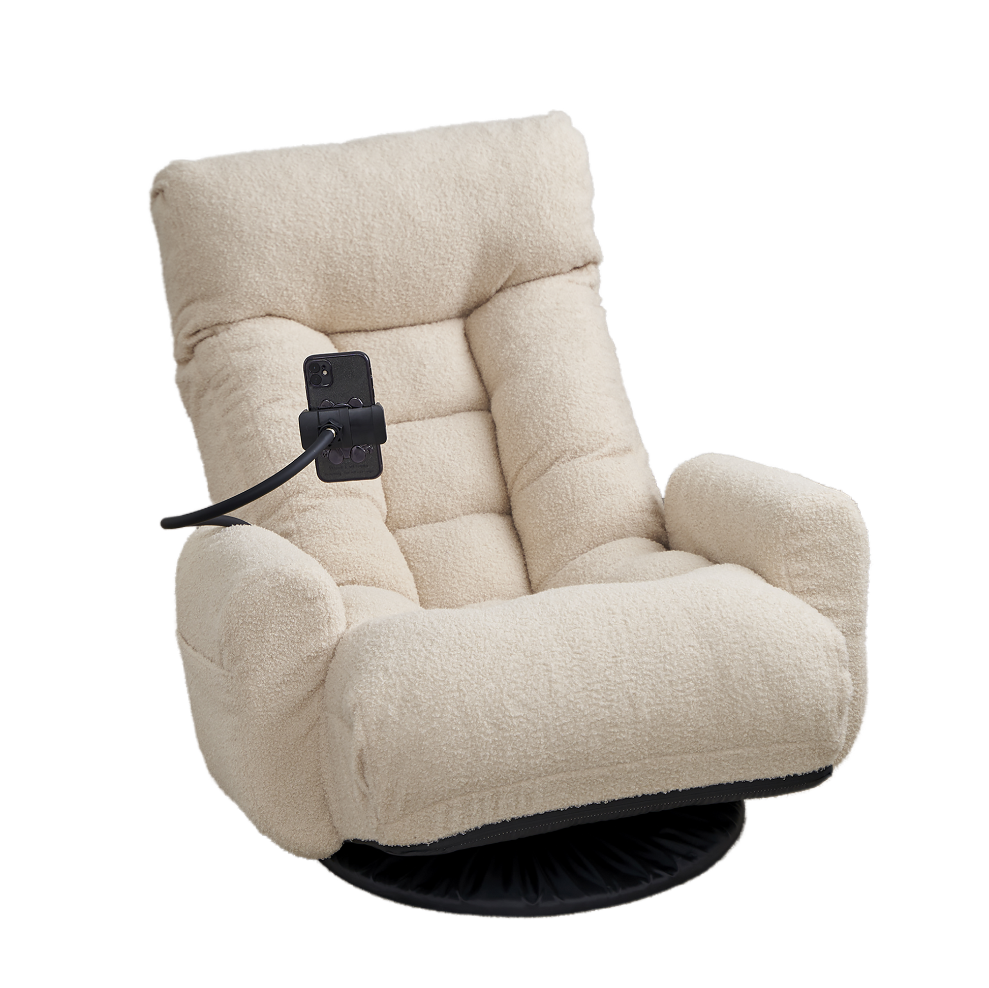 Creamy plush swivel chair with adjustable phone holder for ultimate relaxation