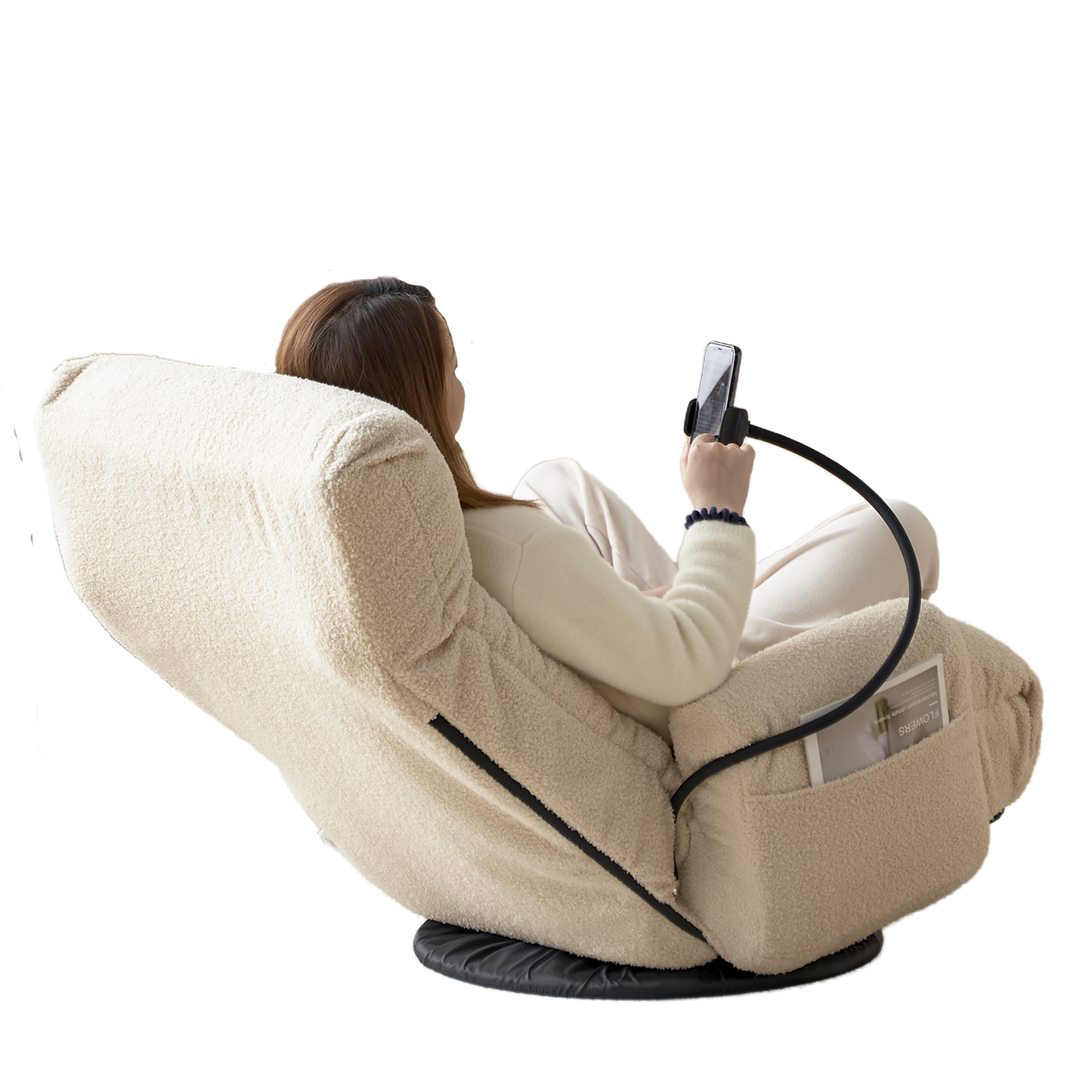 Creamy teddy bear fabric accent chair with a flexible phone holder and builtin side pocket