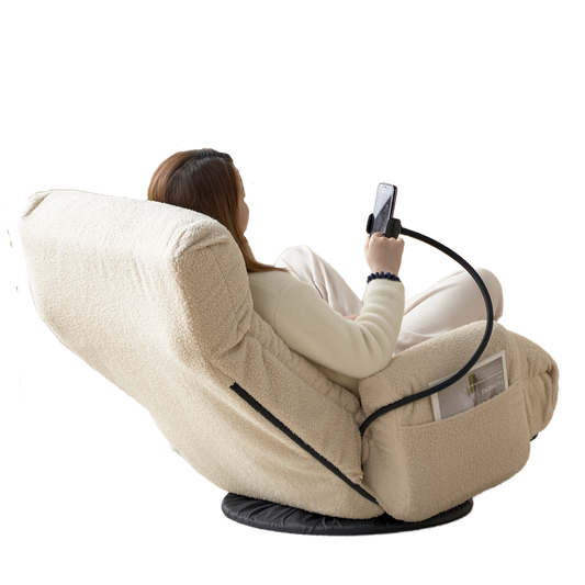 Creamy teddy bear fabric accent chair with a flexible phone holder and builtin side pocket
