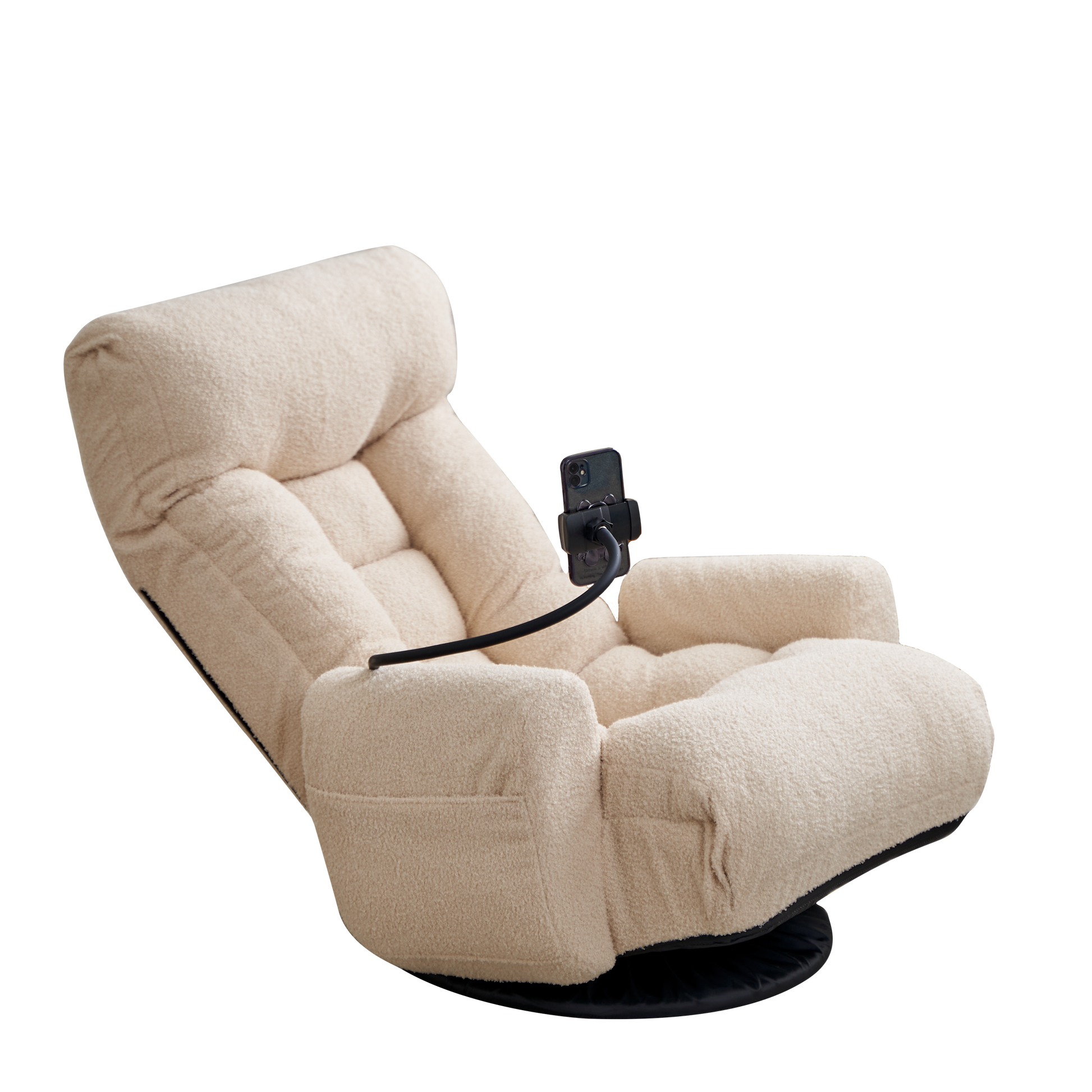 Plush beige swivel accent chair with a flexible phone holder attached
