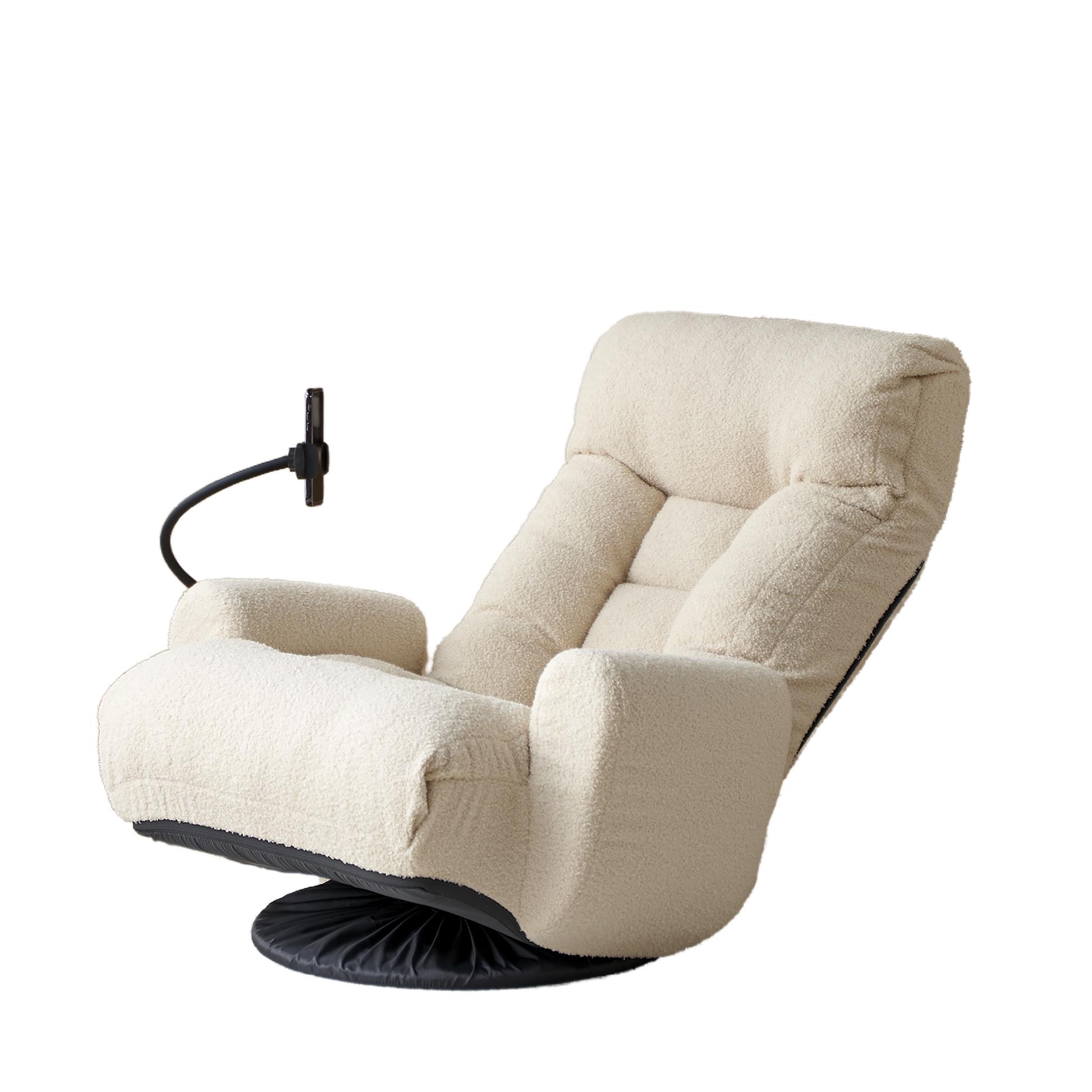 Cream teddy fabric accent chair with adjustable phone mount ideal for living rooms