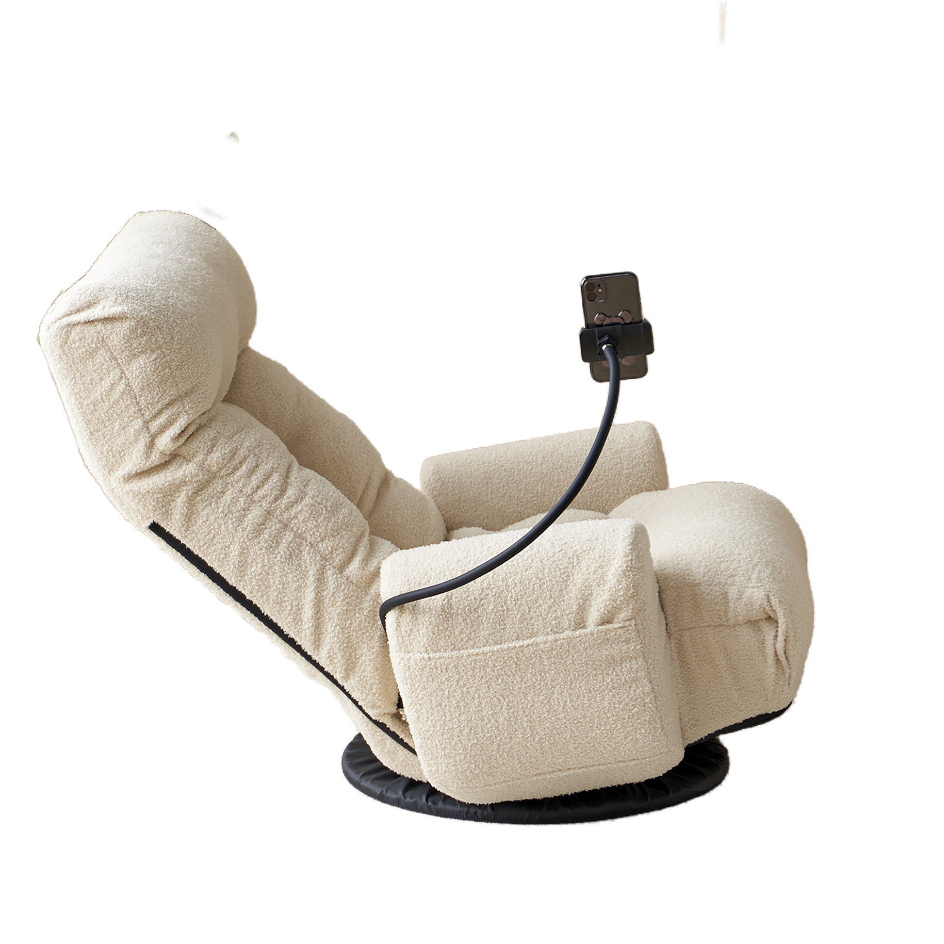 Cream boucle recliner chair with a flexible phone holder attached to the armrest perfect for relaxation