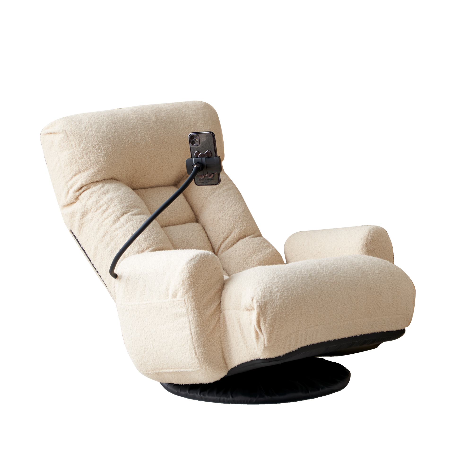 Cream teddy fabric recliner chair with adjustable phone holder for comfortable viewing