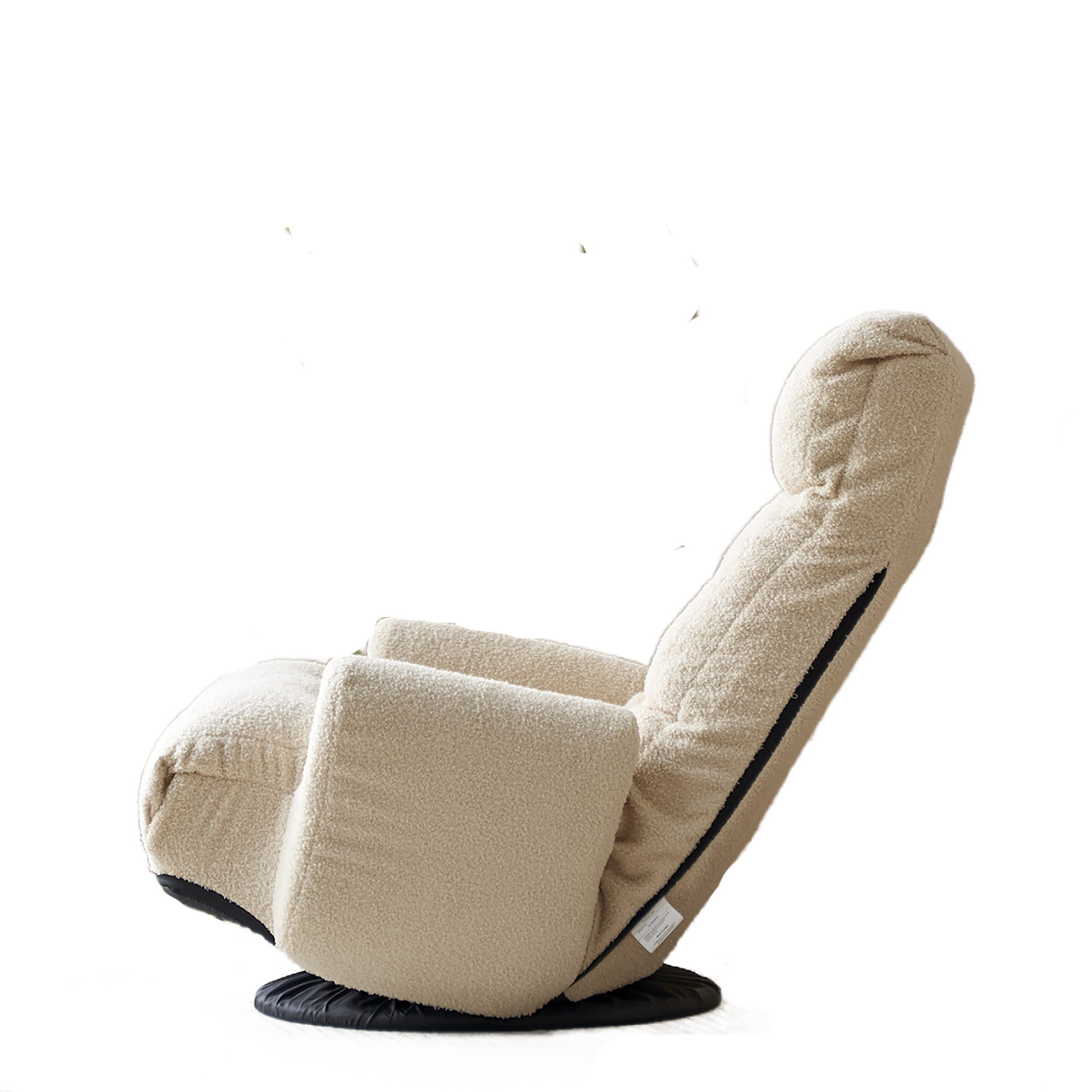 Beige sherpa floor chair with reclining back and rotating base for comfortable lounging