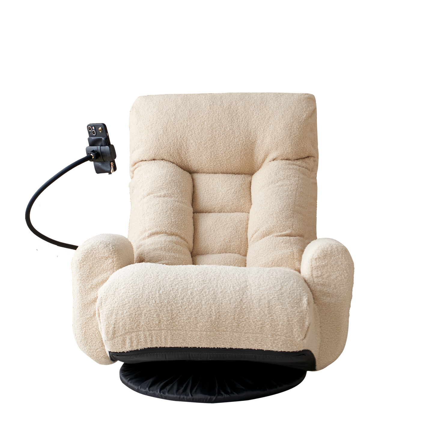 Plush cream boucle fabric swivel chair with adjustable phone holder perfect for gaming