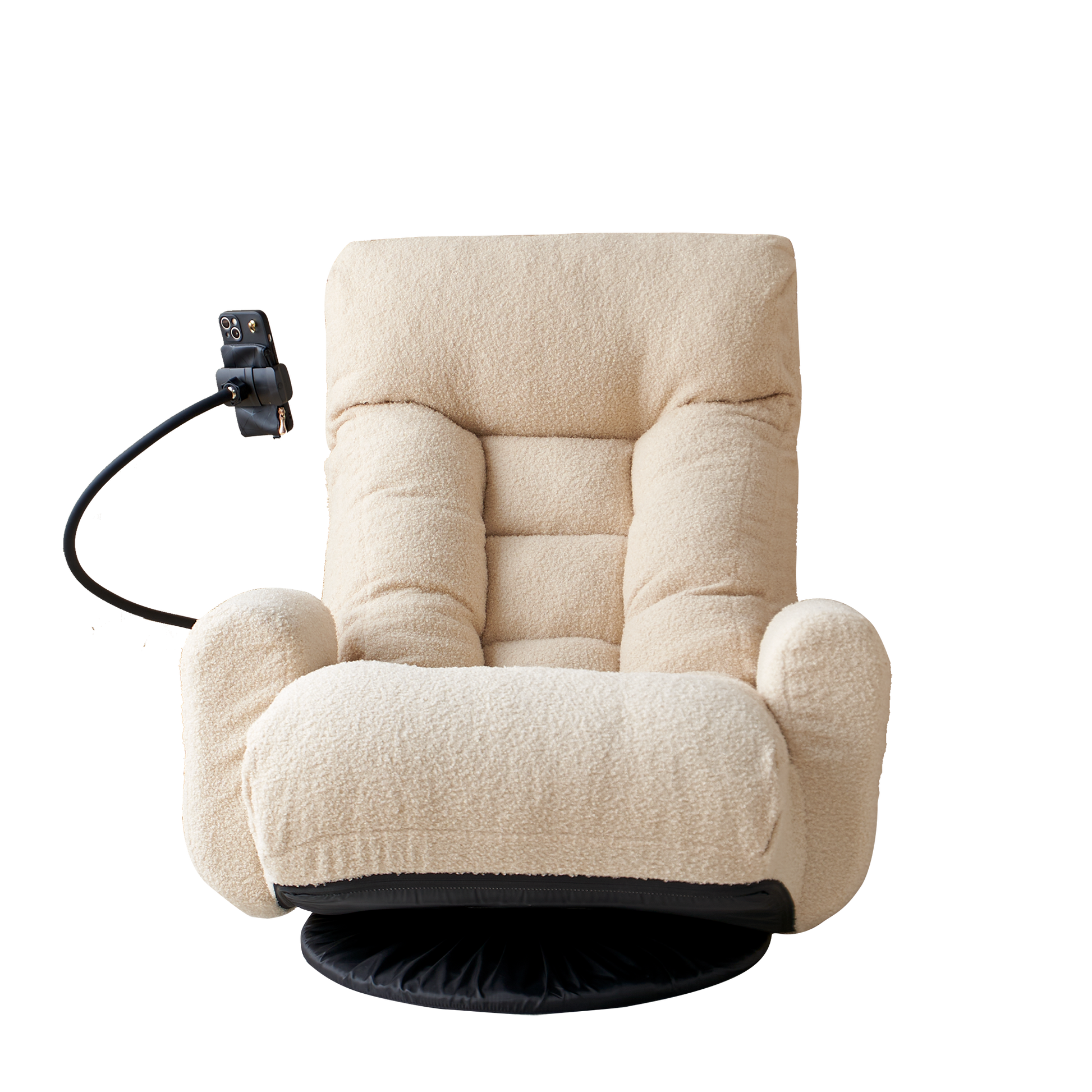 Plush cream boucle fabric swivel chair with adjustable phone holder perfect for gaming