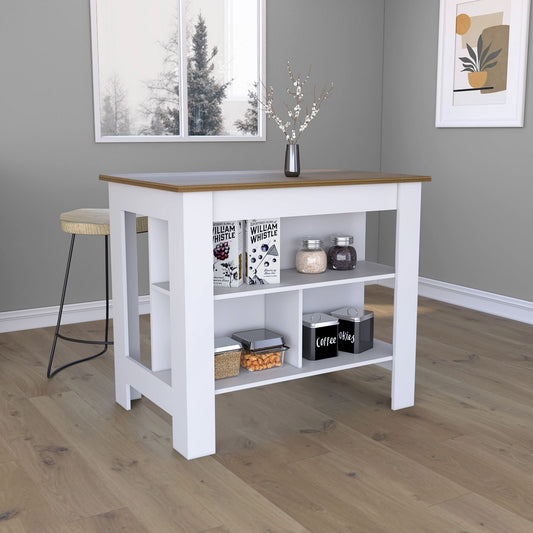 TREATLIFE HOME Kitchen Island Table with Four Legs, Three Open Storage Shelves, White/Walnut Finish, 35 inches High