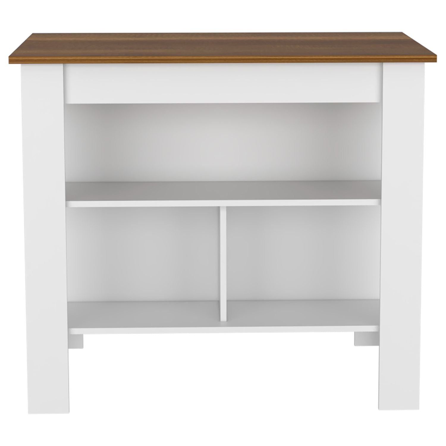White console table with brown wood top and open shelving